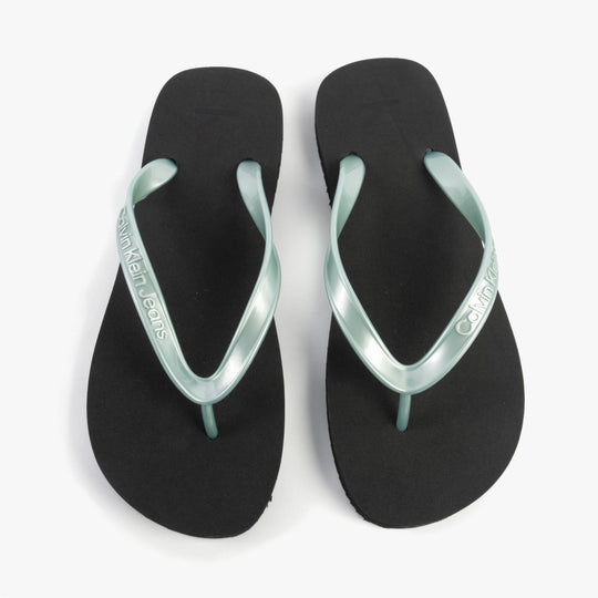 Calvin Klein BEACH SANDAL MONOLOG Womens Sandals Black/Cloud Blue top view showcasing the stylish black and cloud blue design.