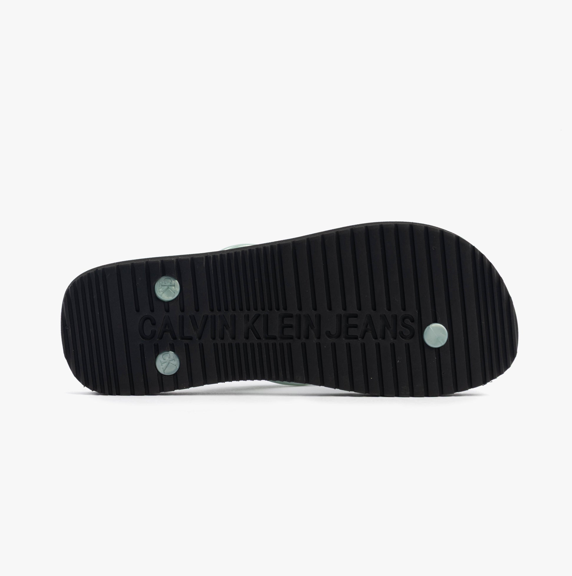 Calvin Klein BEACH SANDAL MONOLOG Womens Sandals Black/Cloud Blue bottom view with textured sole and brand lettering.