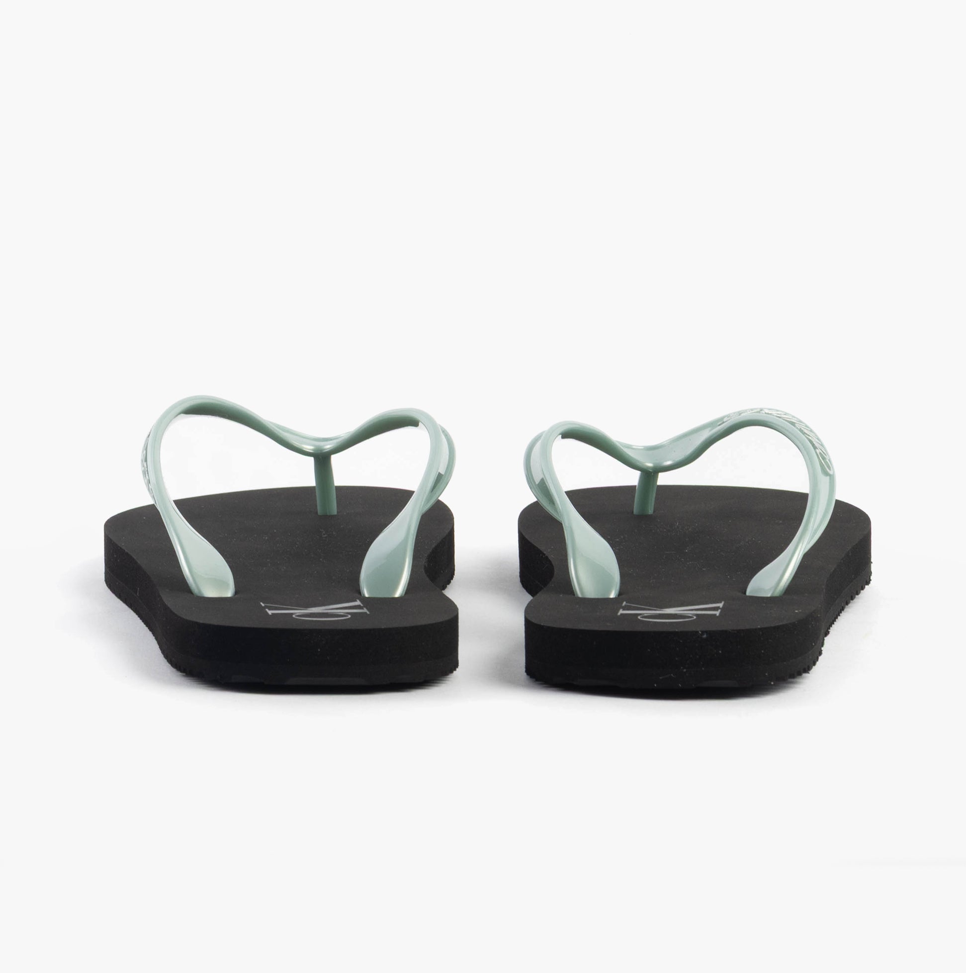 Calvin Klein BEACH SANDAL MONOLOG Womens Sandals Black/Cloud Blue back view highlighting the flat design and strap details.