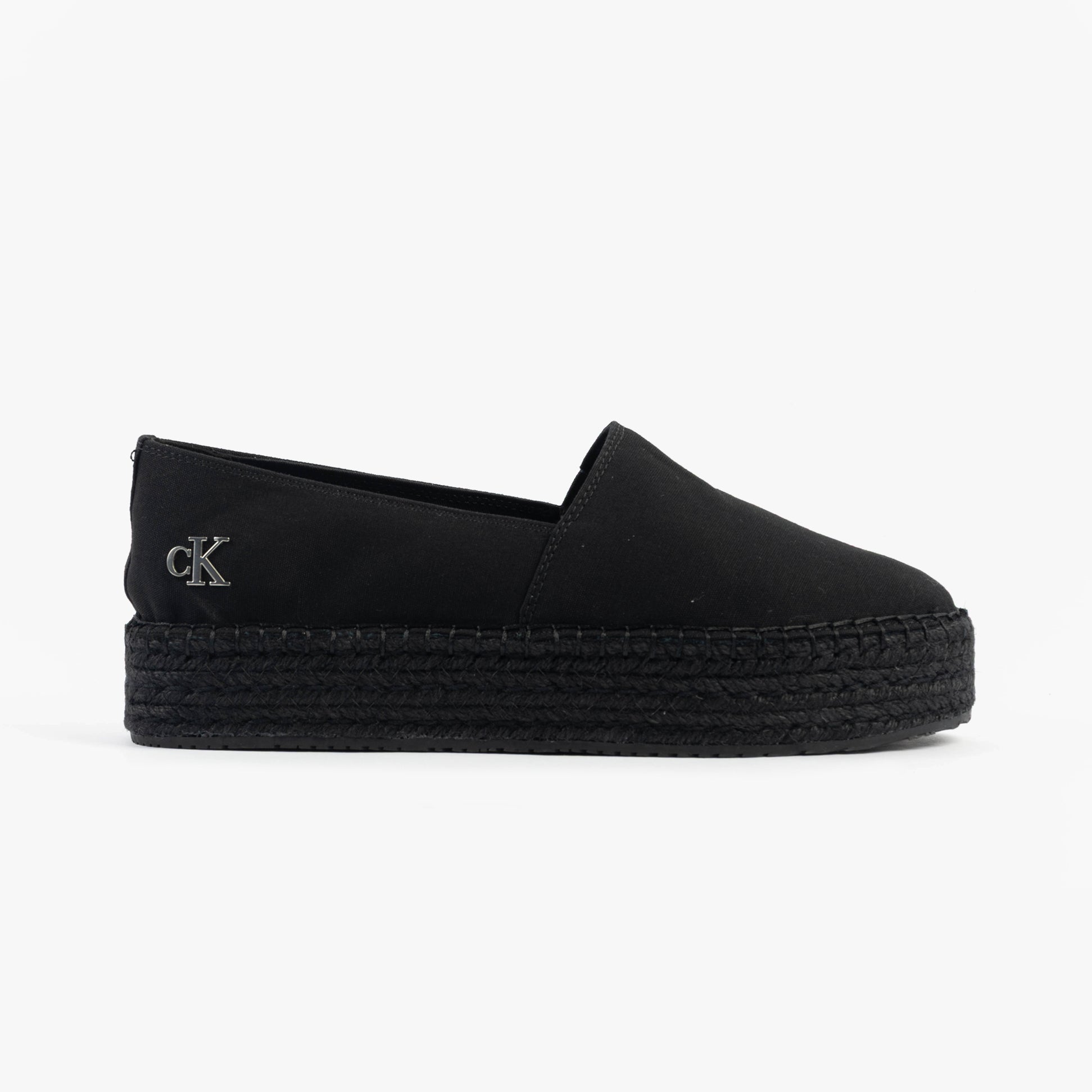 Calvin Klein FLATFORM Espadrille Womens Canvas & Plimsolls Triple Black side view with platform sole.