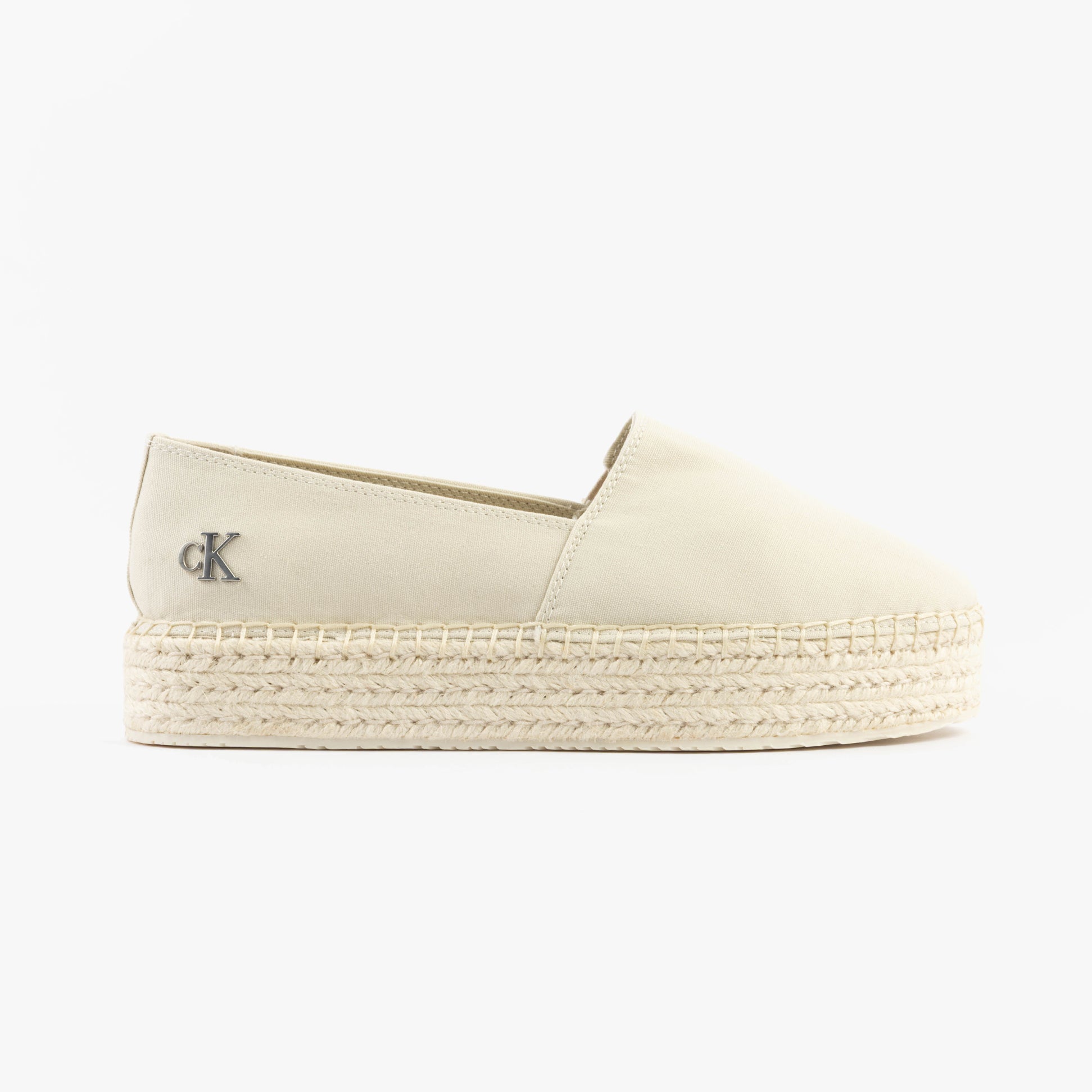 Calvin Klein FLATFORM Espadrille Womens Canvas Shoes Turtle Dove side view with platform sole and logo detail.