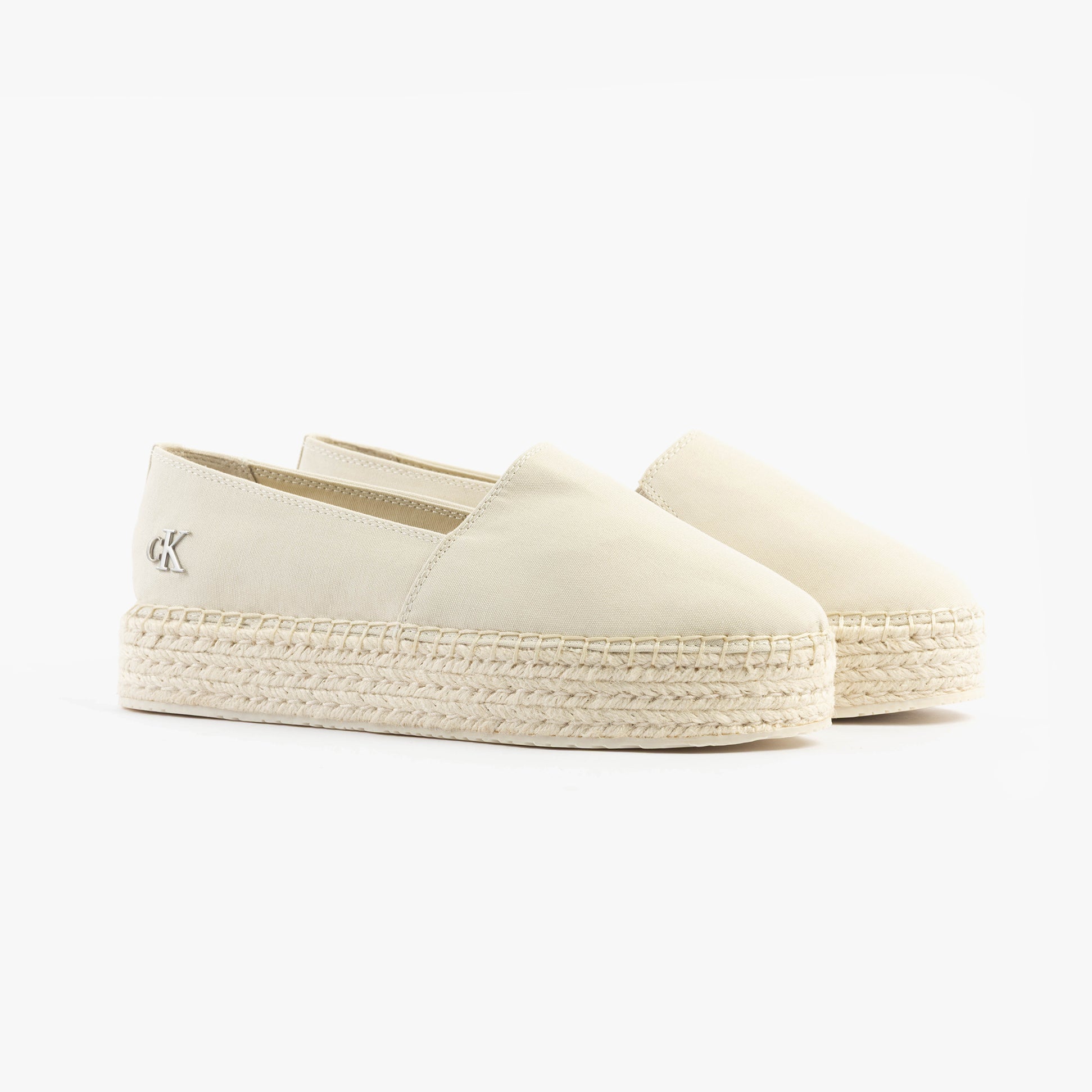 Calvin Klein FLATFORM Espadrille Womens Canvas Shoes Turtle Dove side view with platform sole and CK logo.