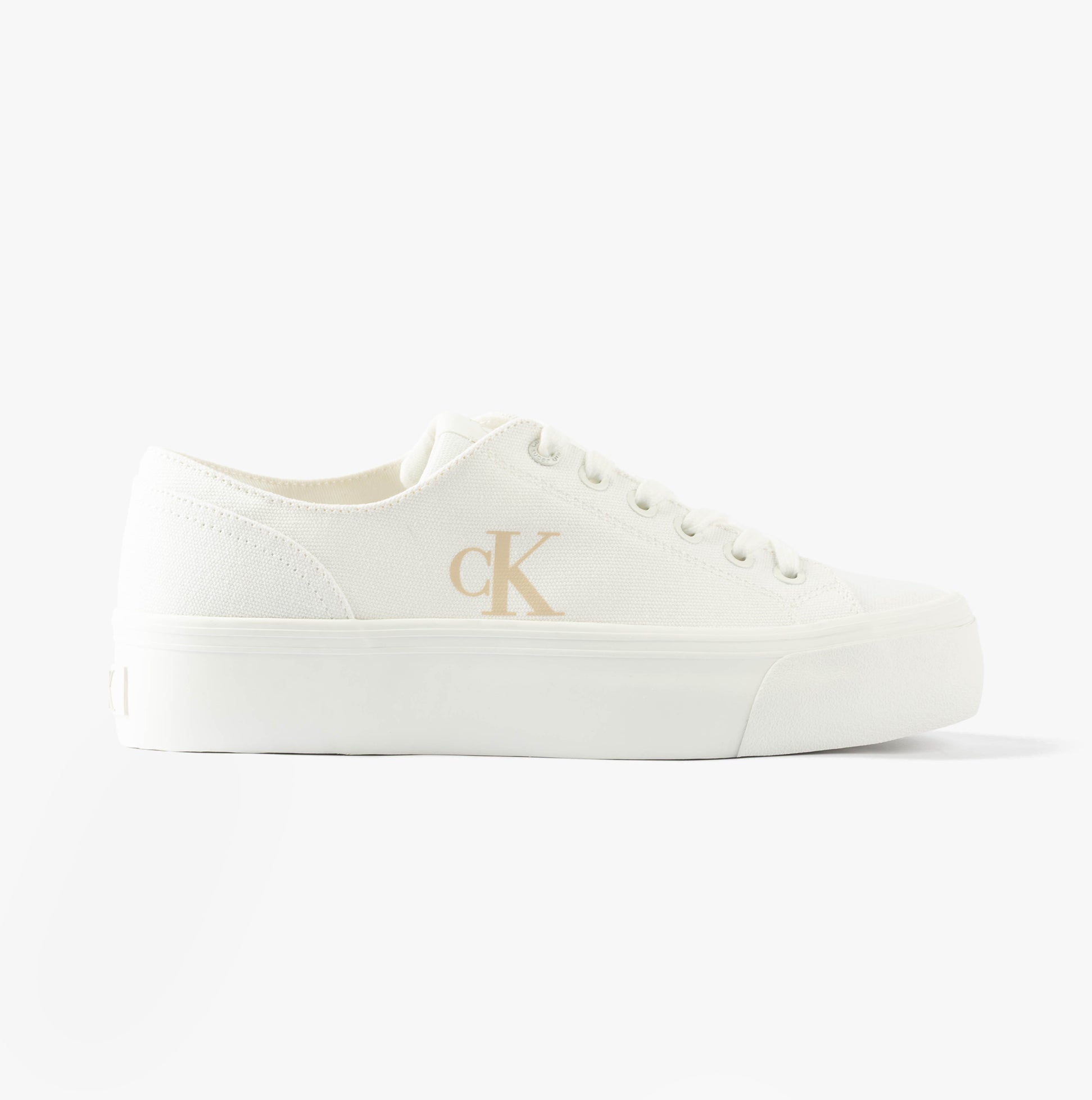 Calvin Klein VULC FLATFORM LOW Womens Trainers Triple Bright White side view showcasing casual canvas design.