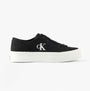 Calvin Klein VULC FLATFORM LOW Womens Trainers Black/Bright White side view featuring black canvas upper and white sole.