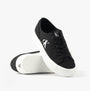 Calvin Klein VULC FLATFORM LOW Womens Trainers Black/Bright White side view showcasing lace-up canvas design.