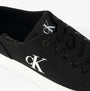 Calvin Klein VULC FLATFORM LOW Womens Trainers Black/Bright White detail view showing lace-up design and logo.