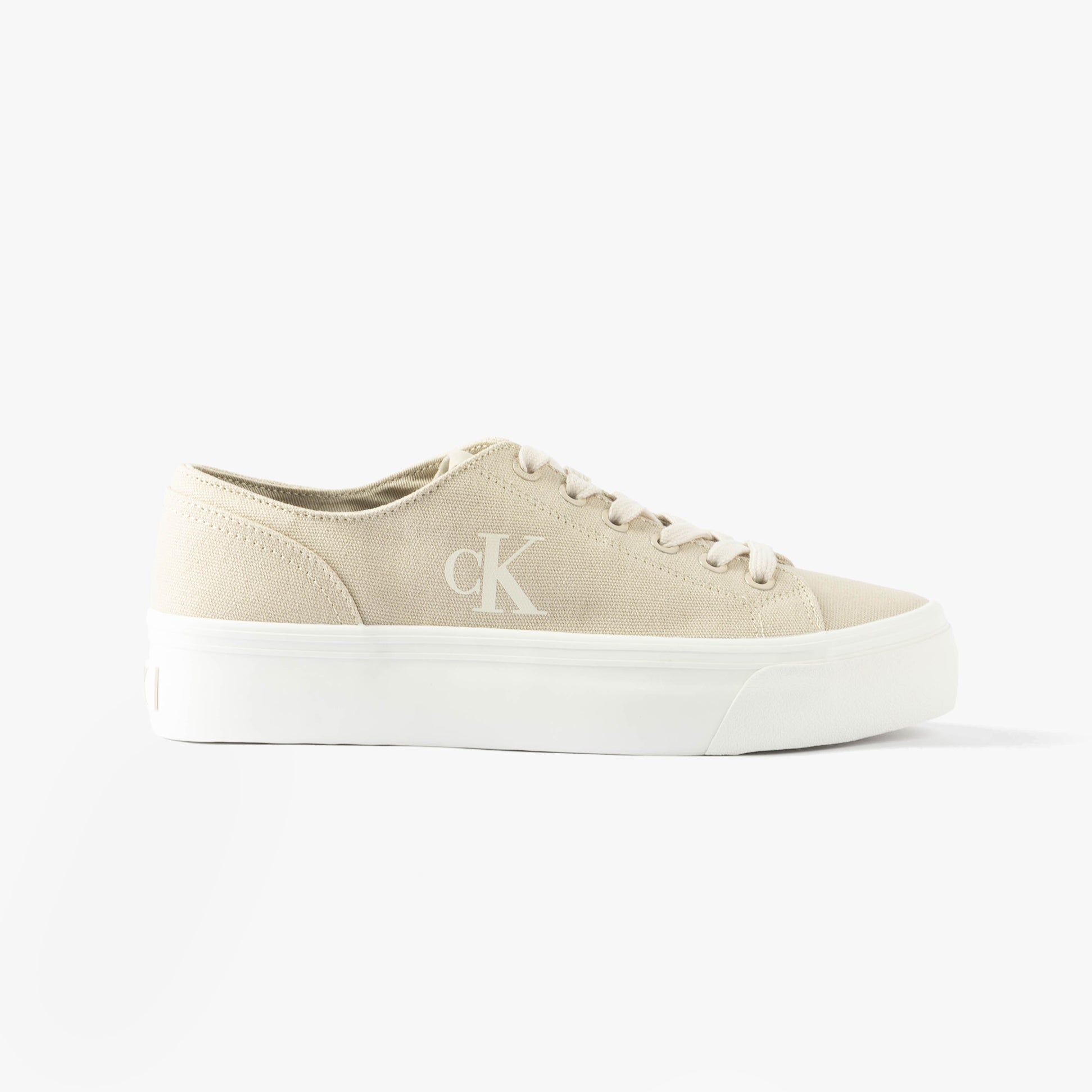 Calvin Klein VULC FLATFORM LOW Womens Trainers Eggshell/Creamy White side view with lace-up fastening and rubber sole
