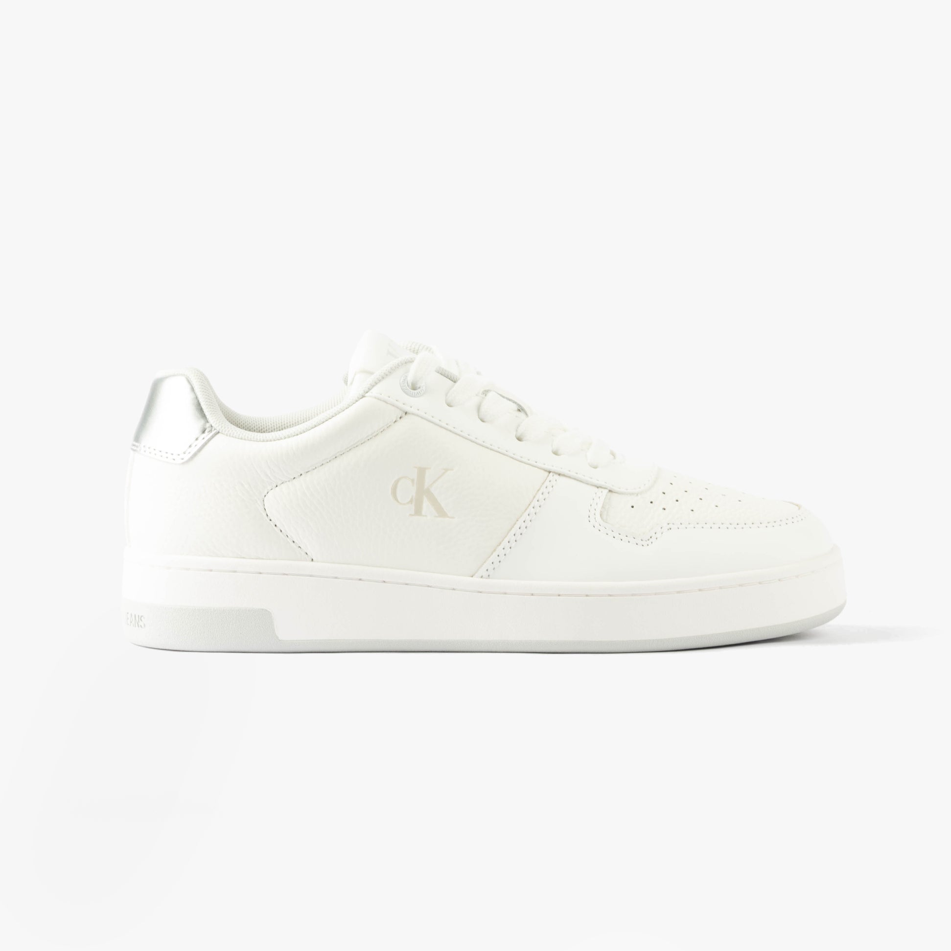 Calvin Klein BASKET CUPSOLE LOW Womens Trainers Bright White/Silver side view showcasing leather upper and round toe design.