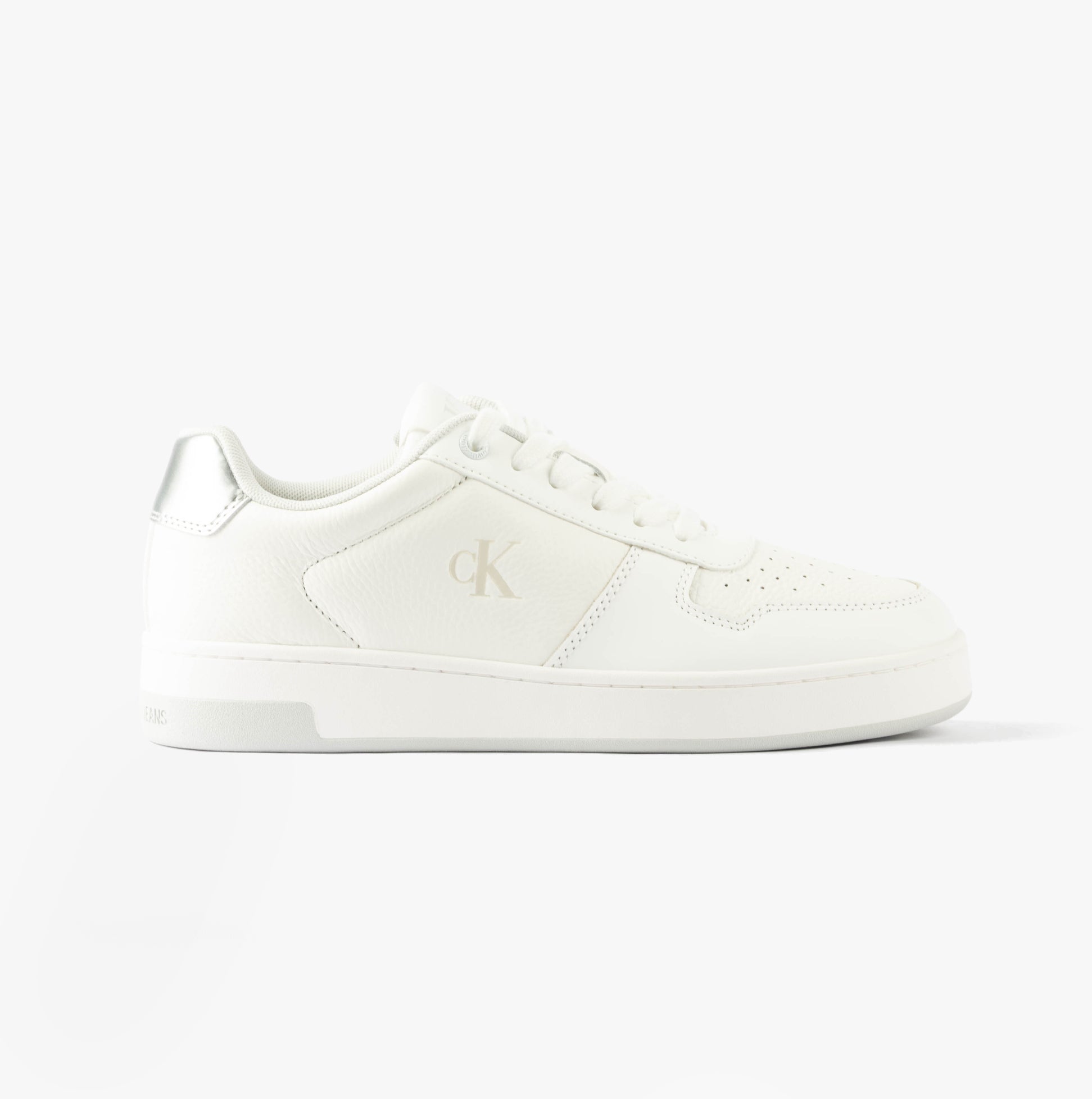 Calvin Klein BASKET CUPSOLE LOW Womens Trainers Bright White/Silver side view showcasing leather upper and round toe design.