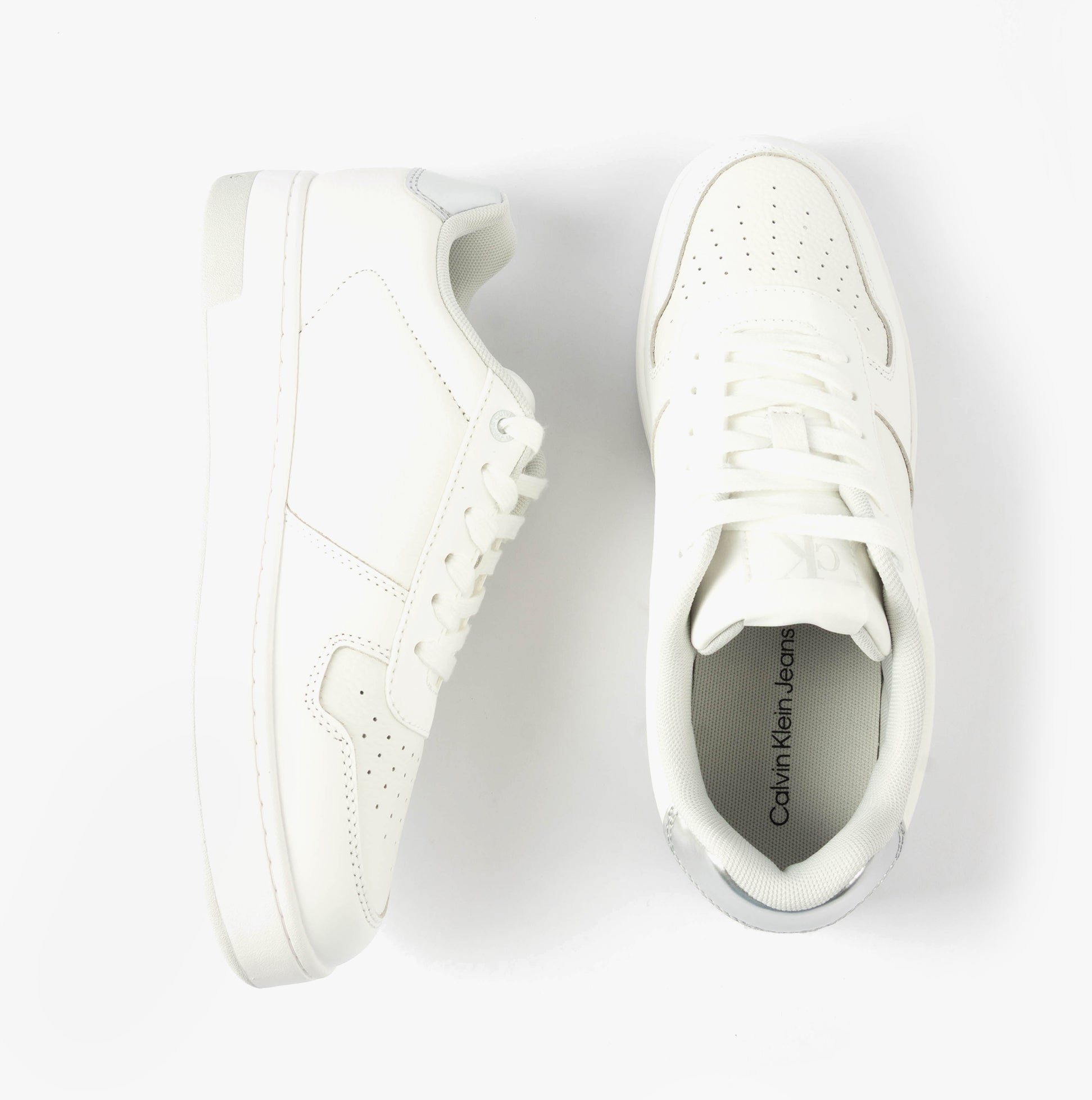 Calvin Klein BASKET CUPSOLE LOW Womens Trainers Bright White/Silver top view, showcasing leather upper and lace-up design.
