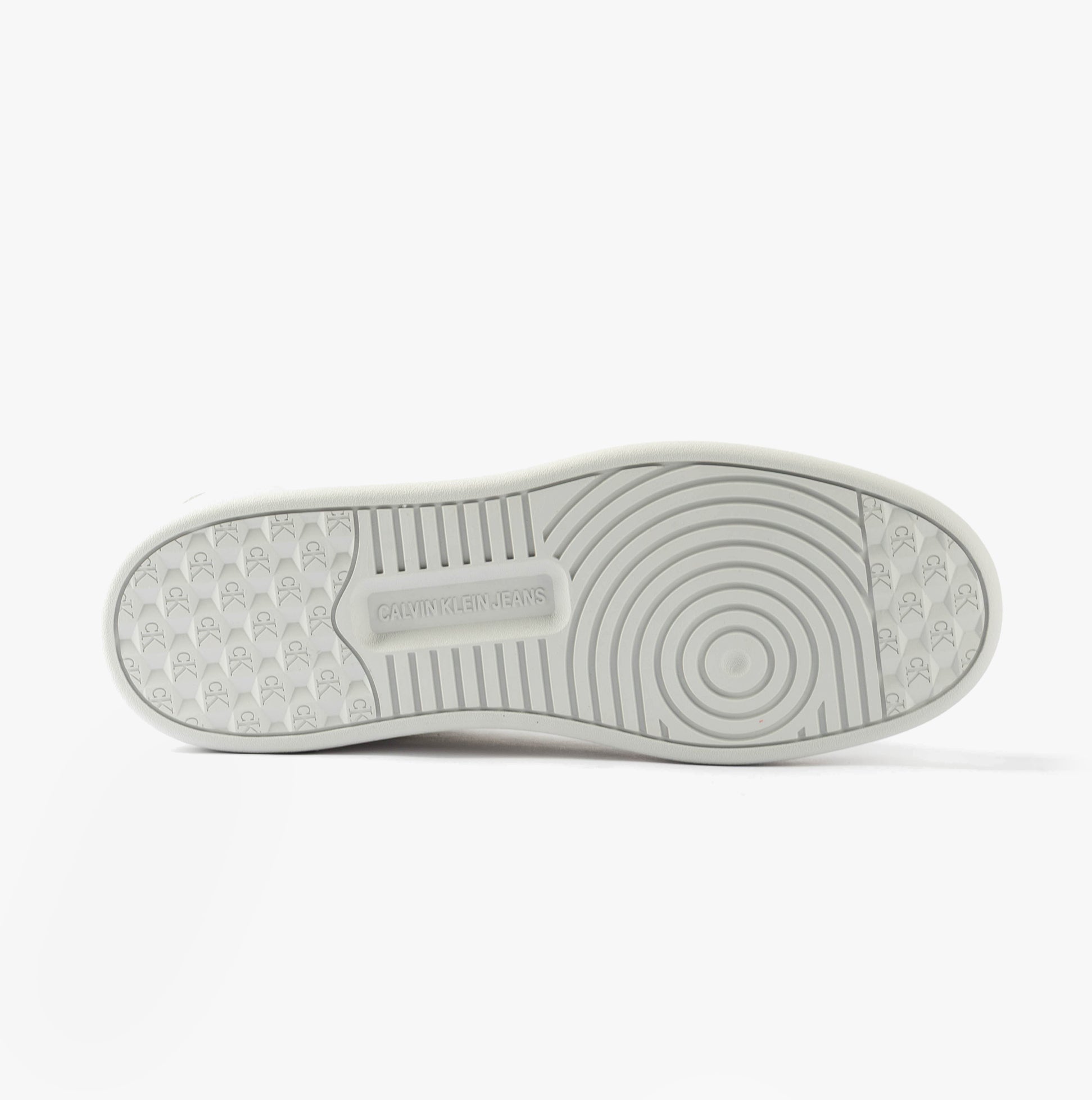 Calvin Klein BASKET CUPSOLE LOW Womens Trainers Bright White/Silver bottom view showing rubber sole design.