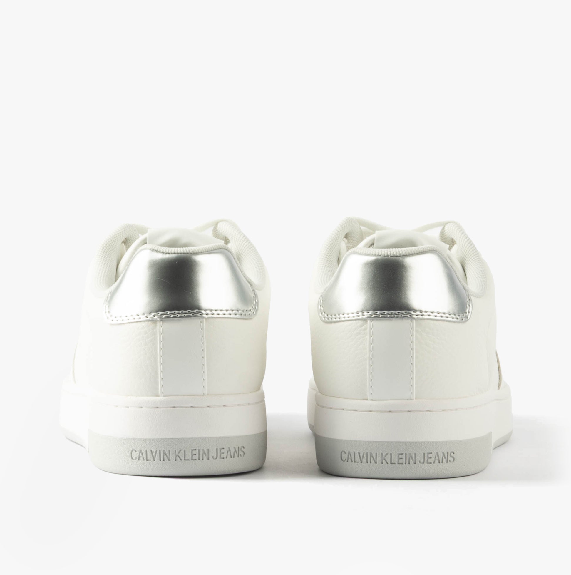 Calvin Klein BASKET CUPSOLE LOW Womens Trainers Bright White/Silver back view showing sleek design and silver detailing.