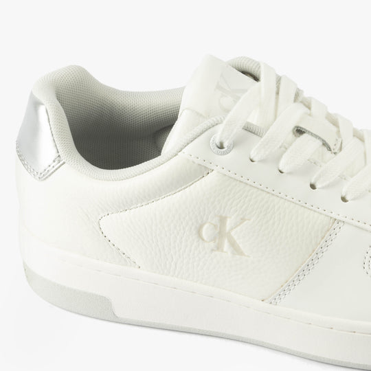 Calvin Klein BASKET CUPSOLE LOW Womens Trainers Bright White/Silver side view showing leather upper and silver detailing.