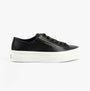 Calvin Klein VULC FLATFORM LOW Womens Trainers Black/Bright White side view showcasing leather upper and rubber sole.