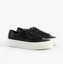 Calvin Klein VULC FLATFORM LOW Womens Trainers Black/Bright White side view with black leather upper and white platform sole.