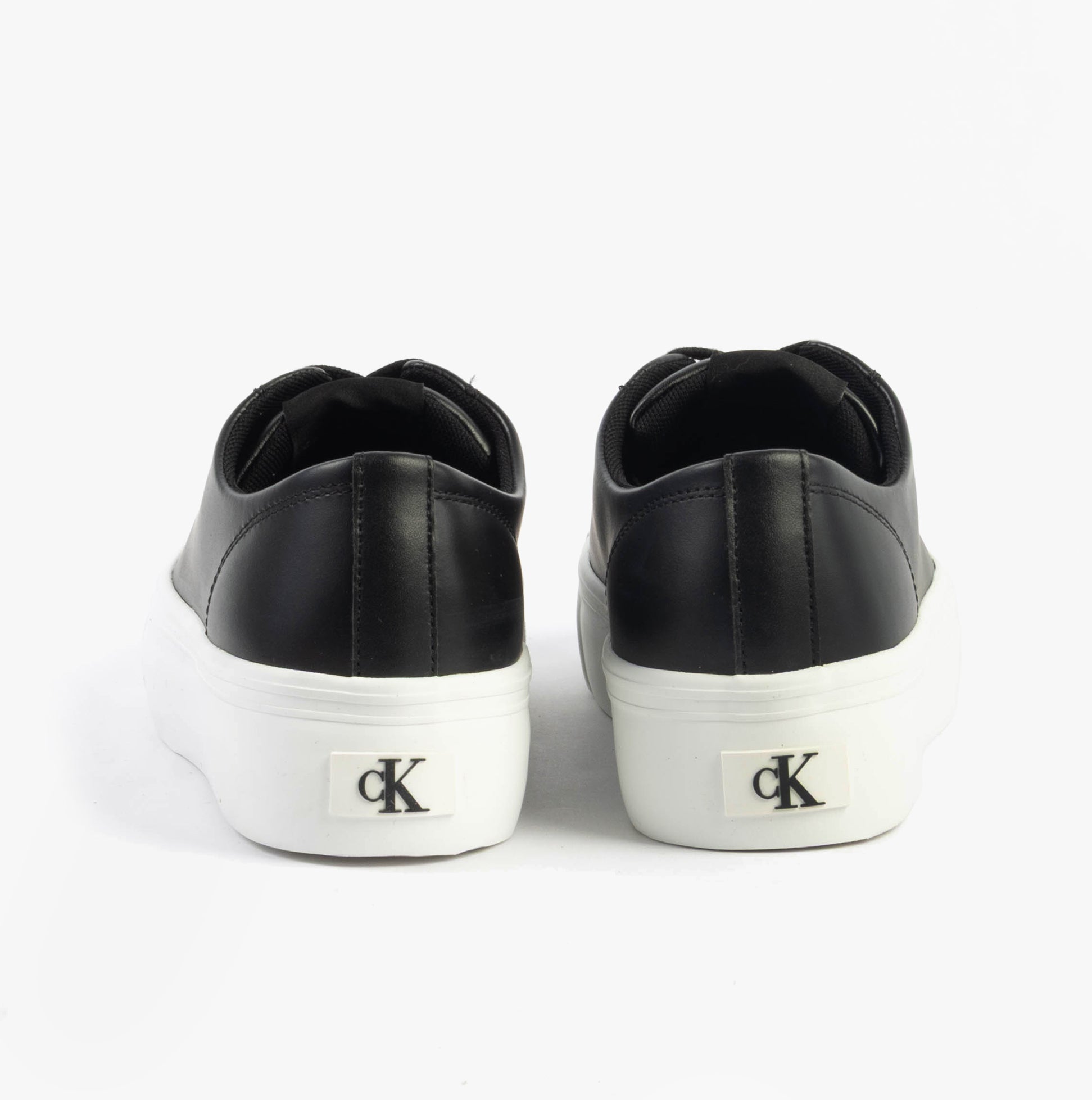 Calvin Klein VULC FLATFORM LOW Womens Trainers Black/Bright White rear view showing platform sole and logo.