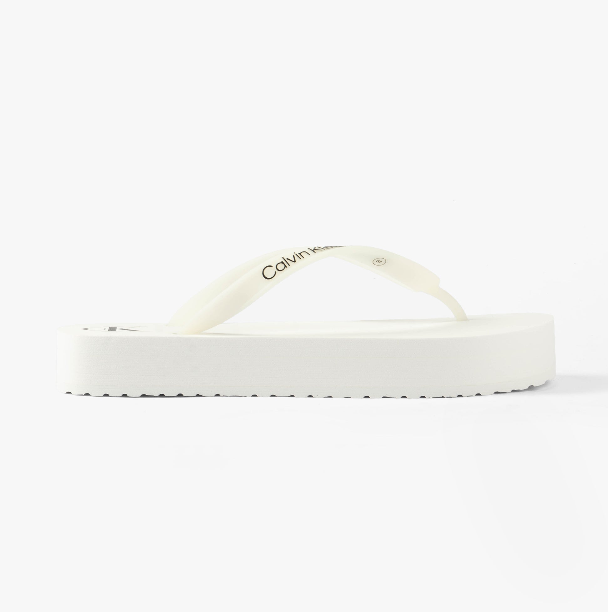 Calvin Klein BEACH SANDAL FLATFORM Womens Sandals Bright White/Black side view showing the flat platform and TPR upper.