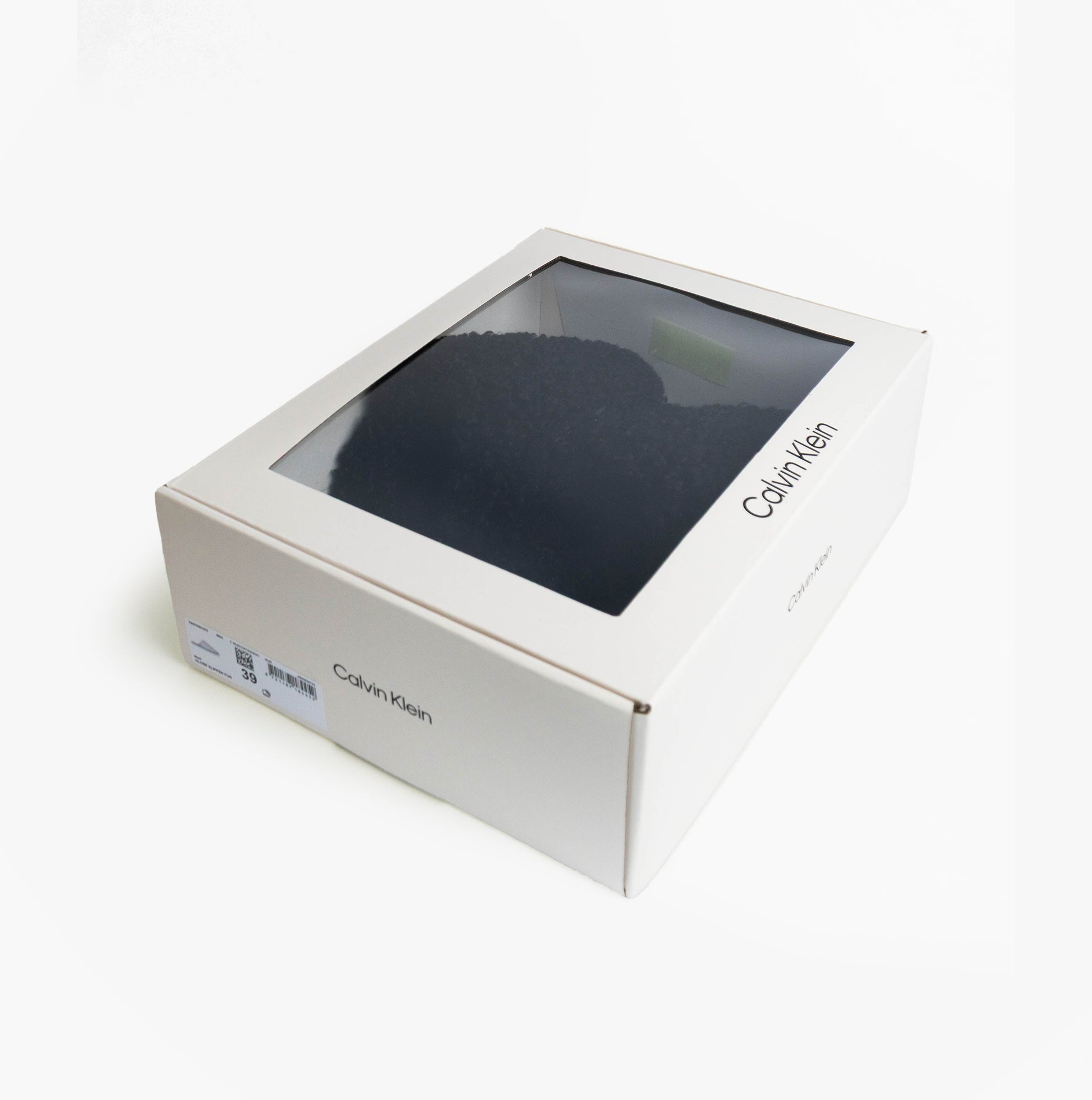 Calvin Klein CLOSE SLIPPER FUR Womens Slippers Black in branded gift box with transparent top view.