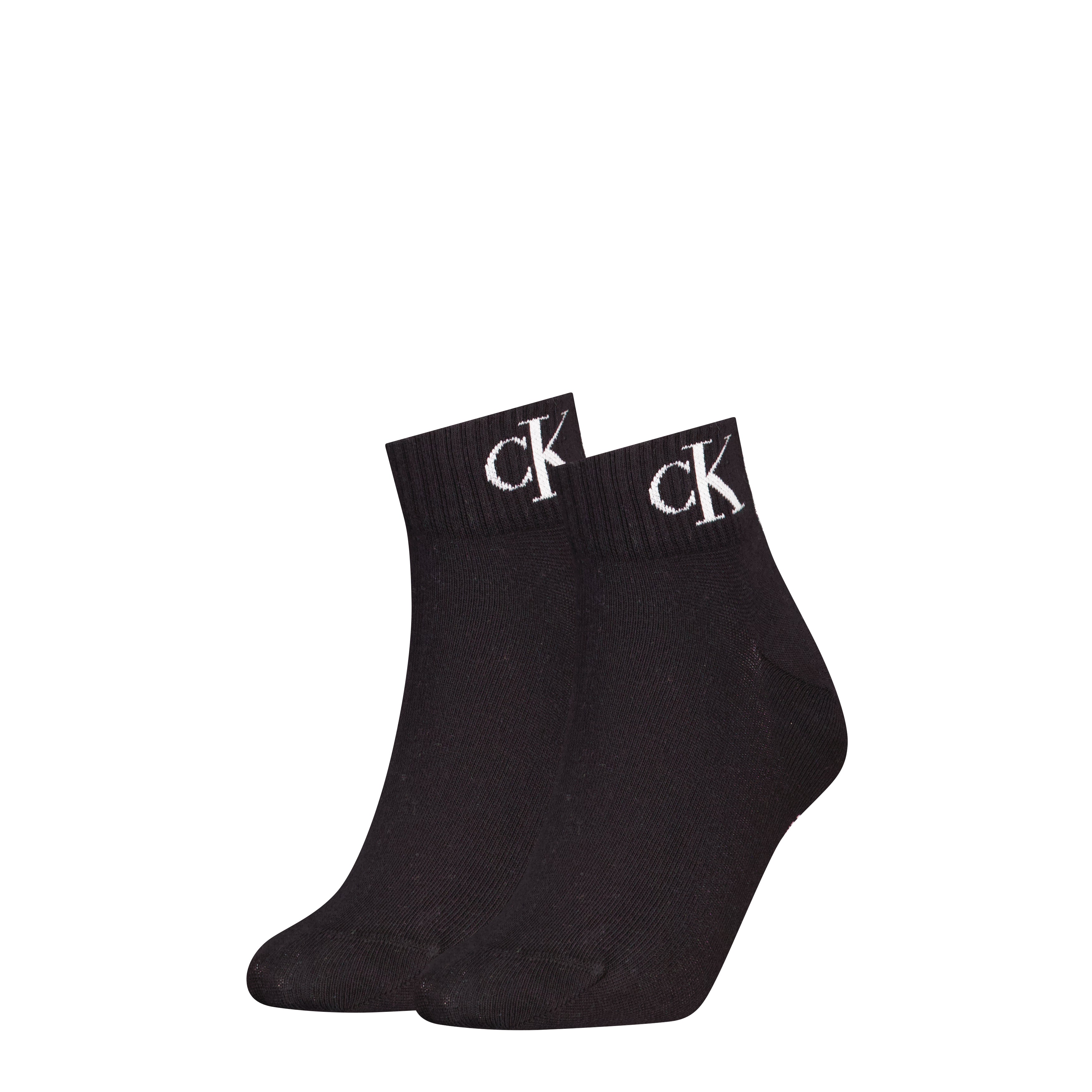 Calvin Klein 2 Pack Logo Trainer Womens Ankle Socks Black, side view, displaying logo and black cotton material.