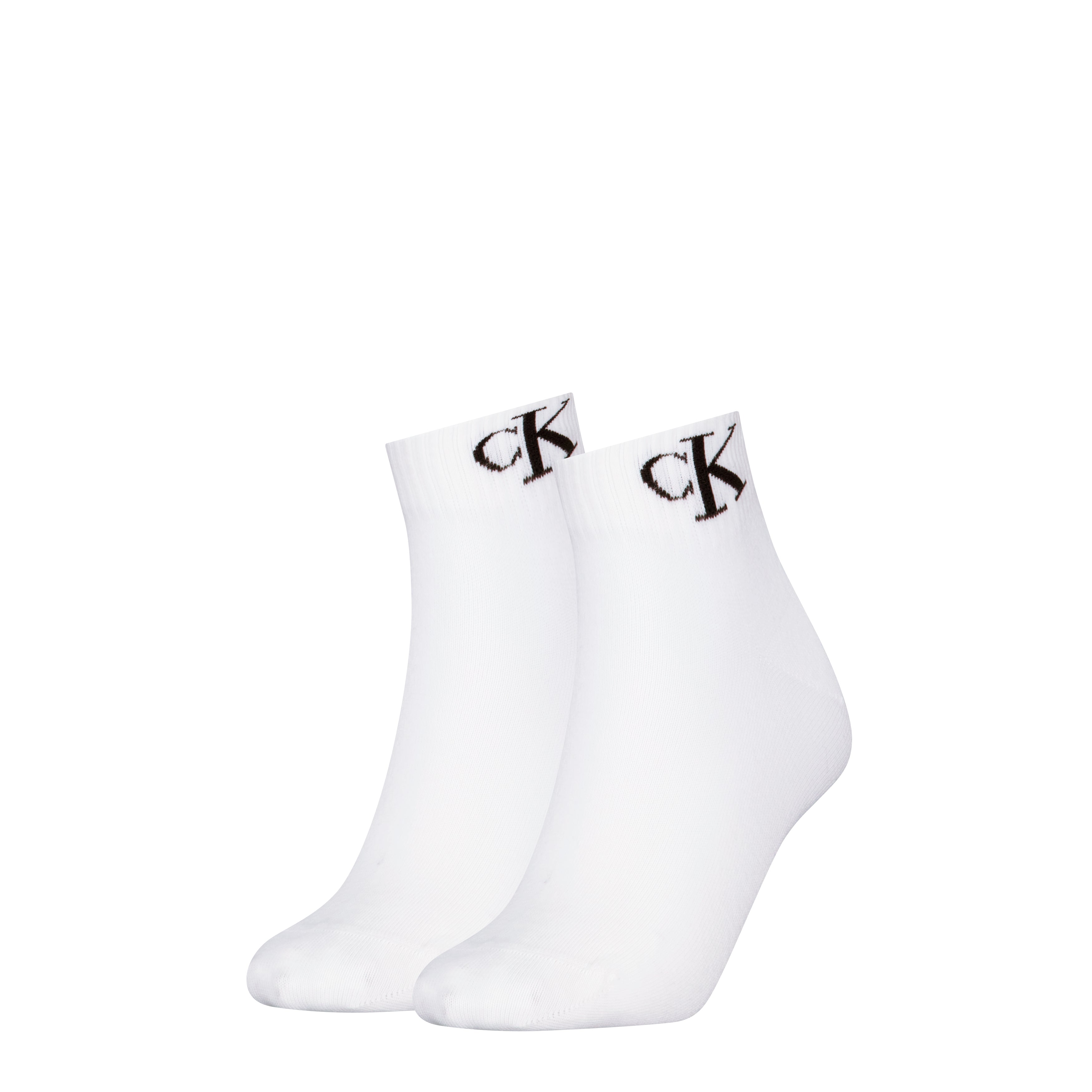 Calvin Klein 2 Pack Logo Trainer Womens Ankle Socks White, side view showing both socks with logo detail.