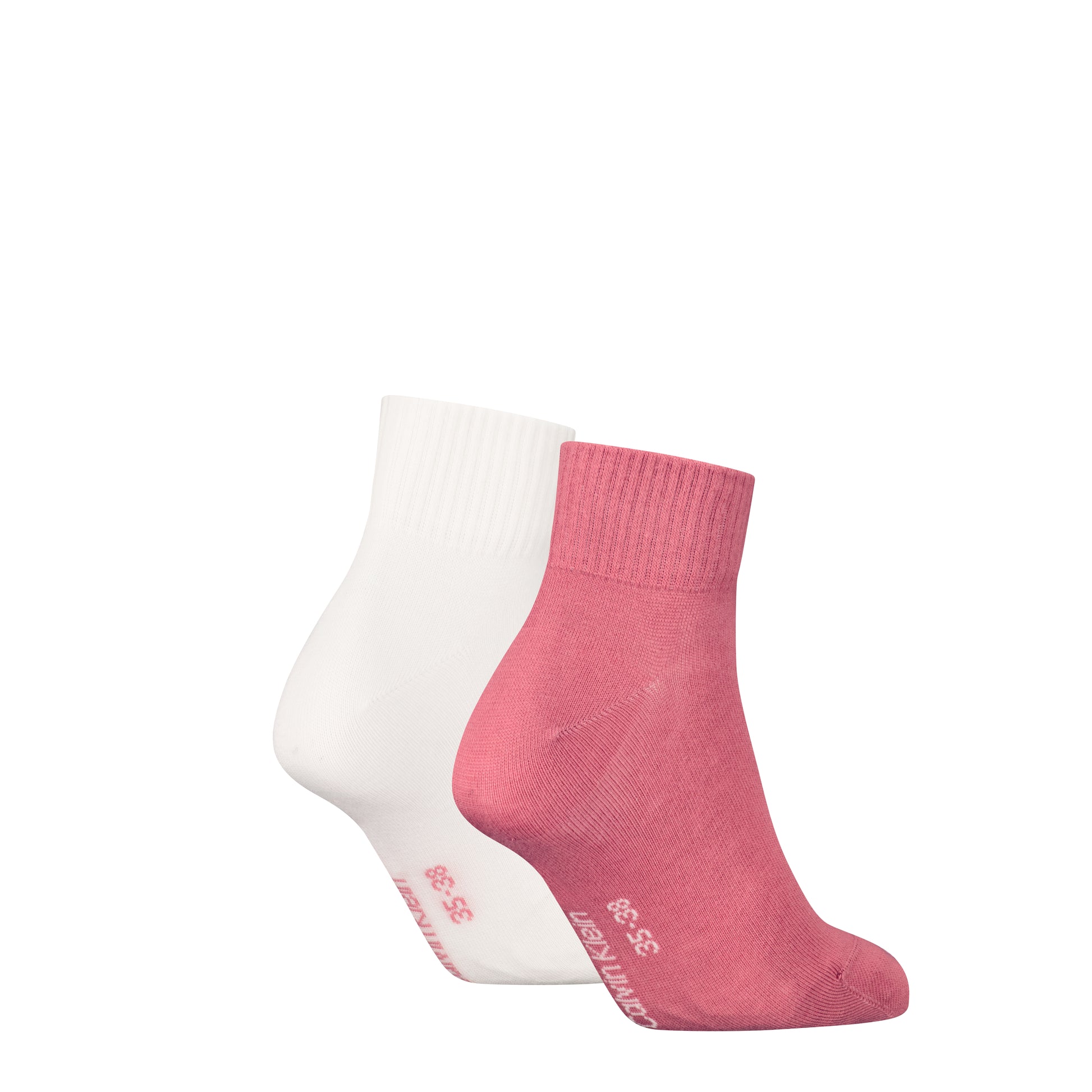 Calvin Klein 2 Pack Logo Trainer Womens Ankle Socks Pink in a side view, featuring one pink and one white sock.