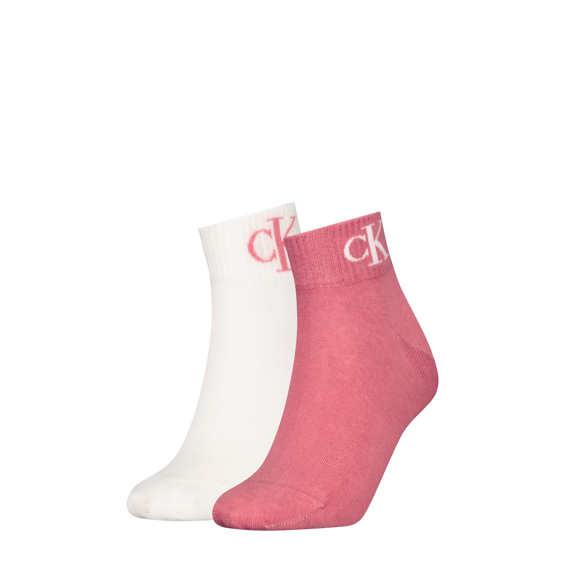 Calvin Klein 2 Pack Logo Trainer Womens Ankle Socks Pink showing pink and white pairs from the front view.