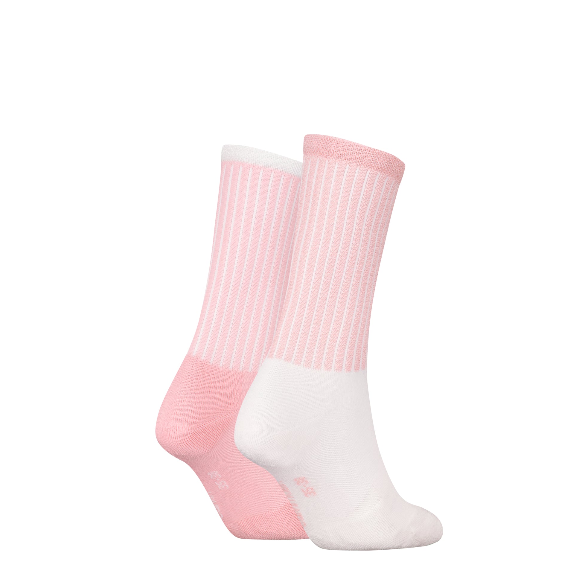 Calvin Klein 2 Pack Trainer Womens Crew Socks Pink, side view showing striped design and colors.