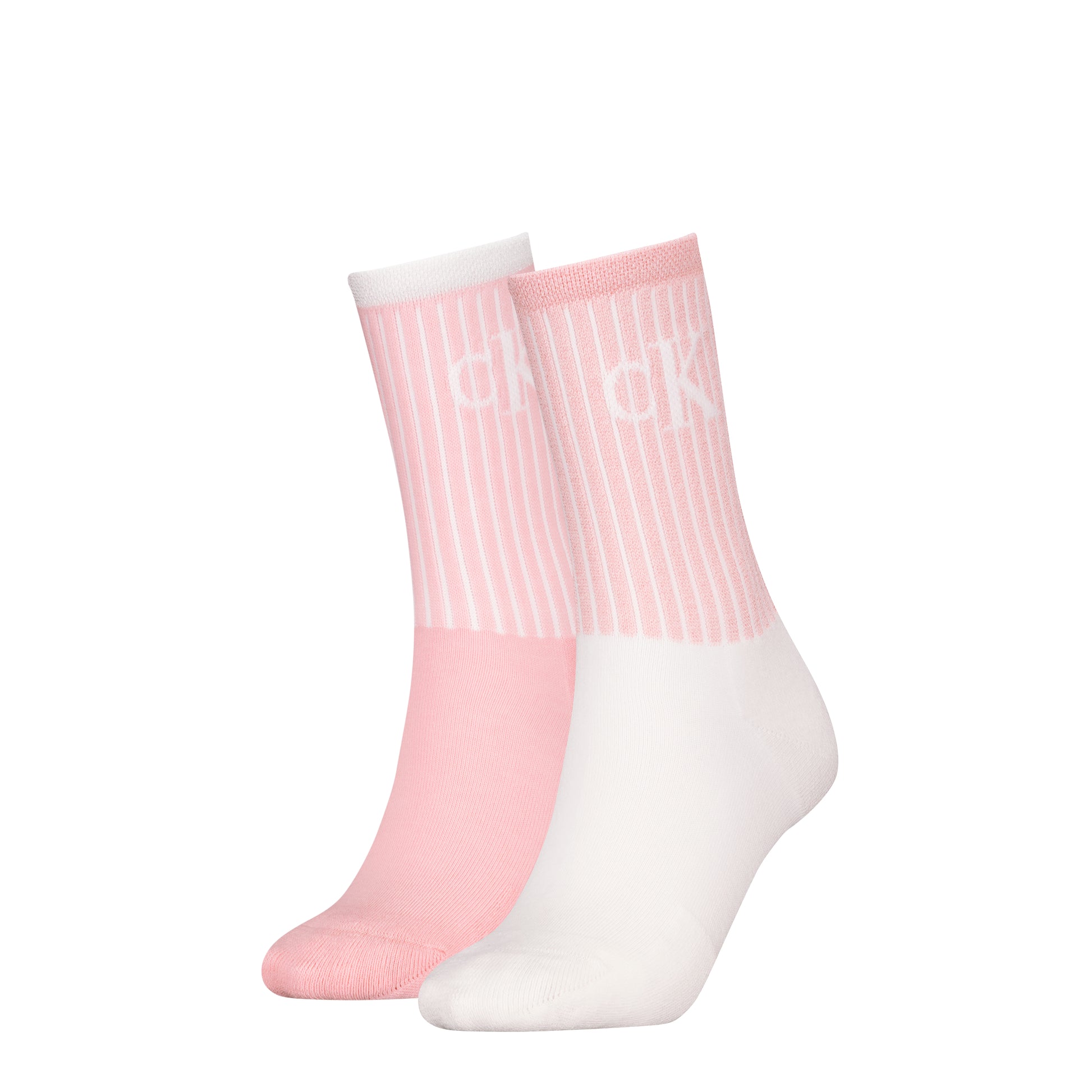 Calvin Klein 2 Pack Trainer Womens Crew Socks Pink front view showcasing pink and white design with logo.