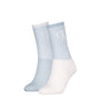 Calvin Klein 2 Pack Trainer Womens Crew Socks Blue front view featuring light blue and white colors with logo.