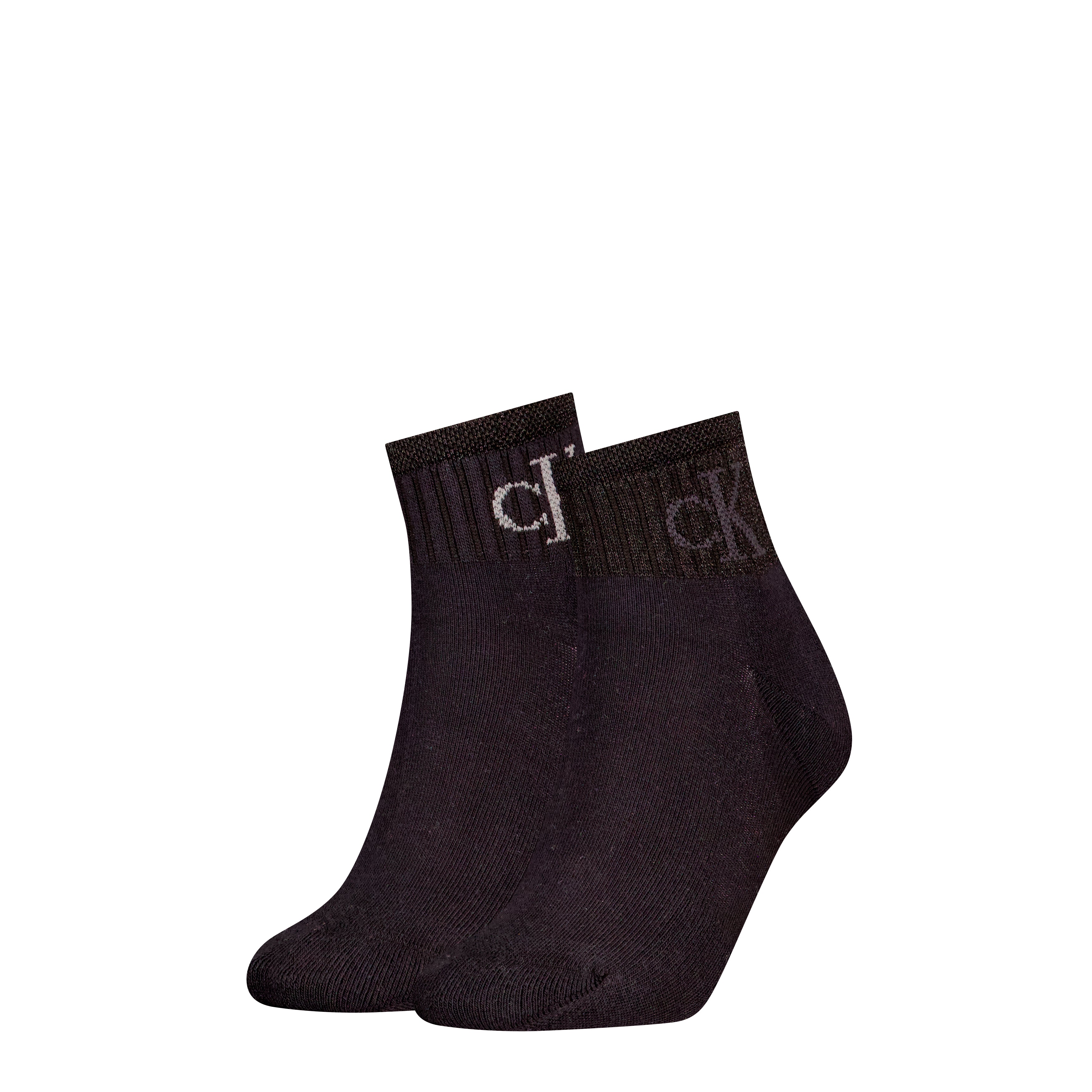 Calvin Klein 2 Pack Trainer Womens Ankle Socks Black side view, showcasing black cotton ankle socks with logo.