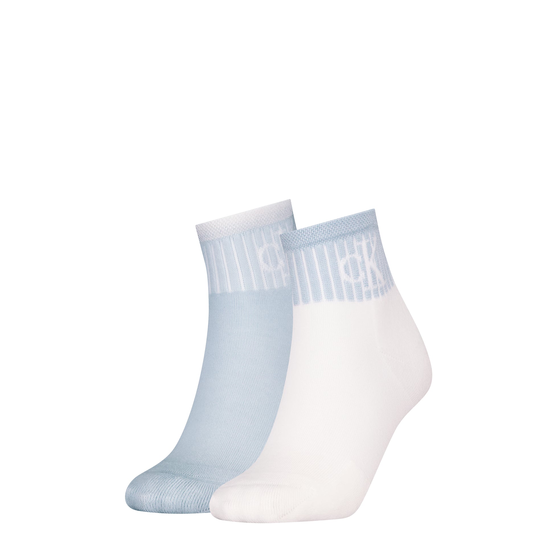 Calvin Klein 2 Pack Trainer Womens Ankle Socks Blue/White side view showcasing two pairs, light blue and white.