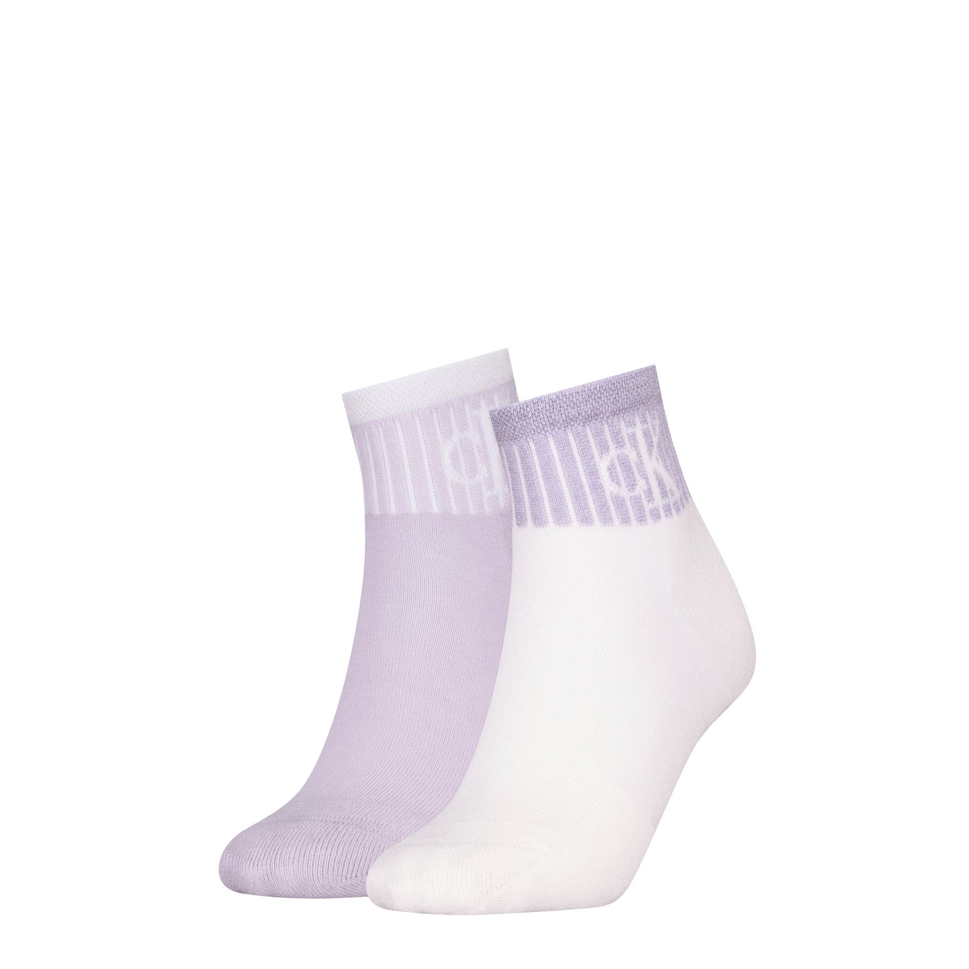 Calvin Klein 2 Pack Trainer Womens Ankle Socks Lilac/White side view showcasing lilac and white designs.