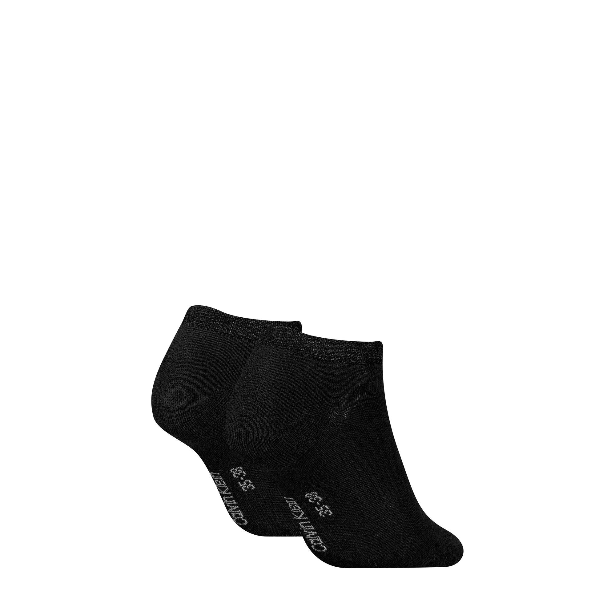 Calvin Klein 2 Pack Trainer Womens Ankle Socks Black side view showing two black ankle socks with logo.