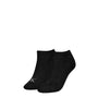 Calvin Klein 2 Pack Trainer Womens Ankle Socks Black, front view showing the two black socks with logo detail.