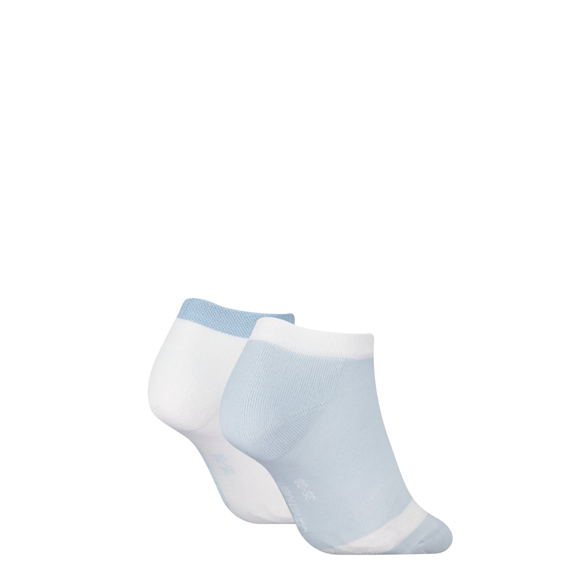 Calvin Klein 2 Pack Trainer Womens Ankle Socks Blue/White side view showing two pairs, one light blue, one white.