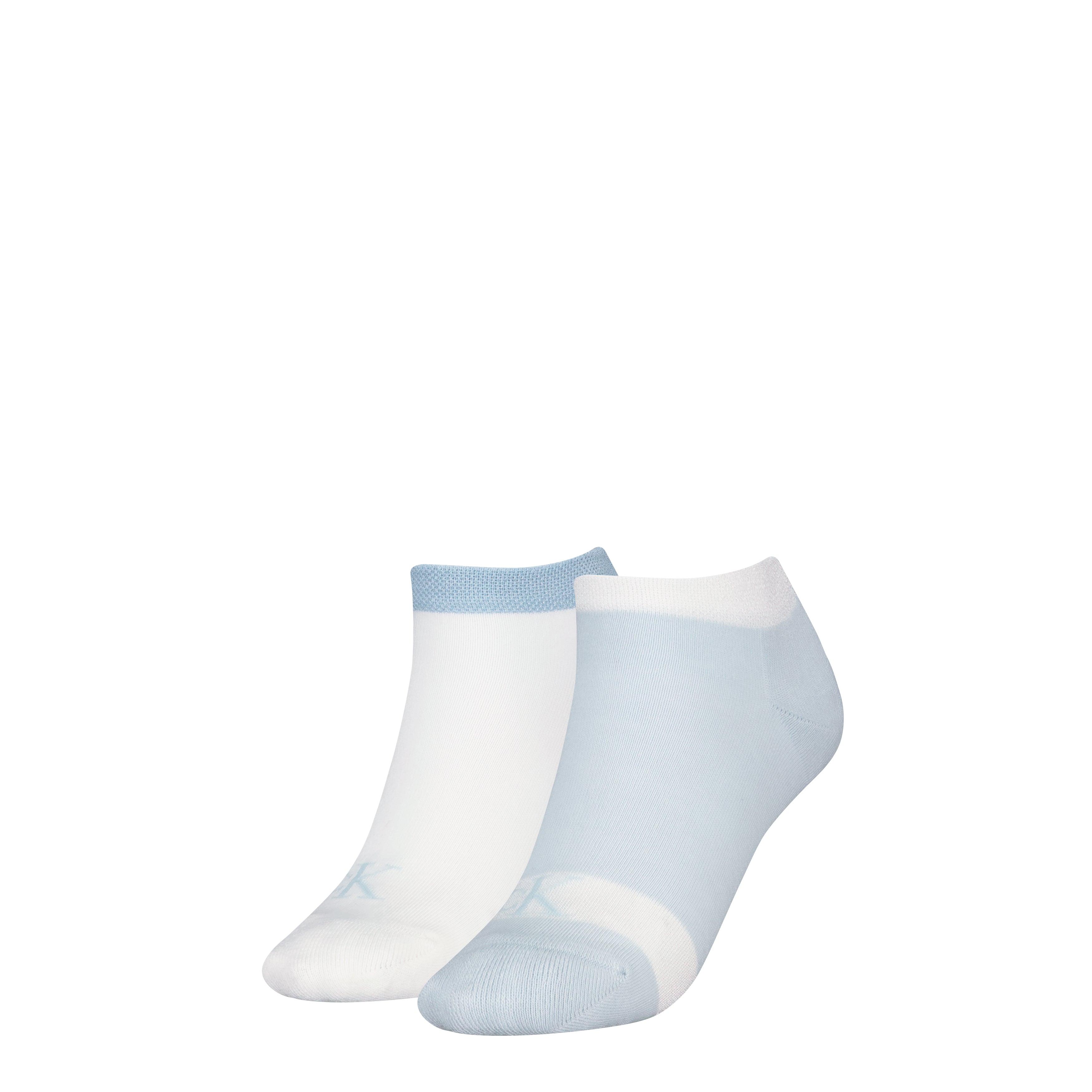 Calvin Klein 2 Pack Trainer Womens Ankle Socks Blue/White side view showcasing blue and white designs.