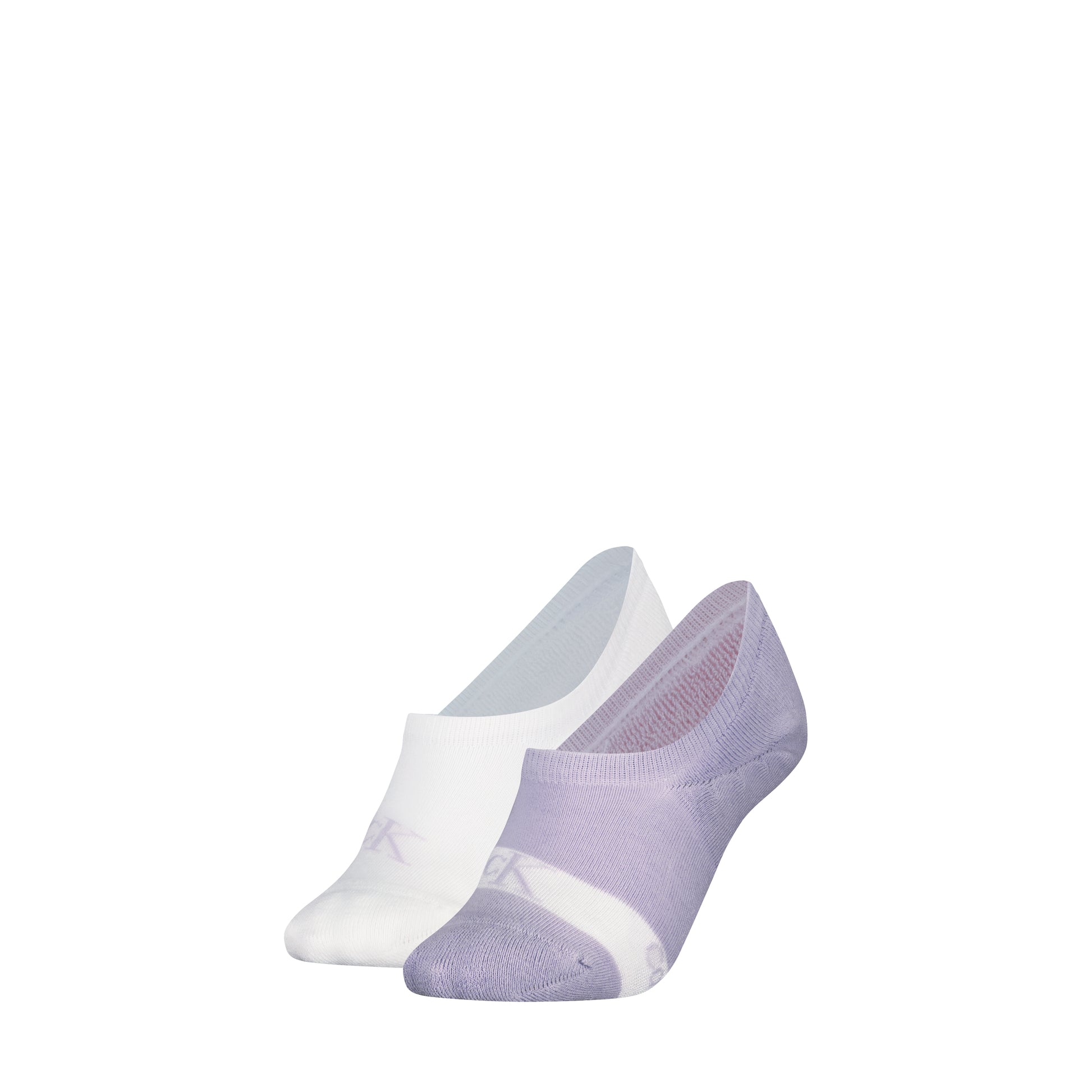 Calvin Klein 2 Pack Womens Invisible Socks Lilac/White side view showcasing one lilac and one white sock.
