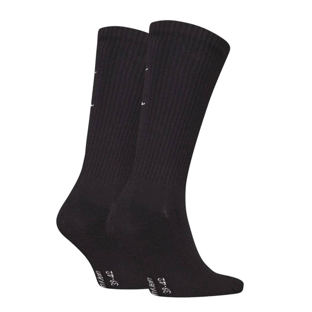 Calvin Klein 2 Pack Monogram Mens Socks Black side view showing ribbed design and reinforced heel and toe.