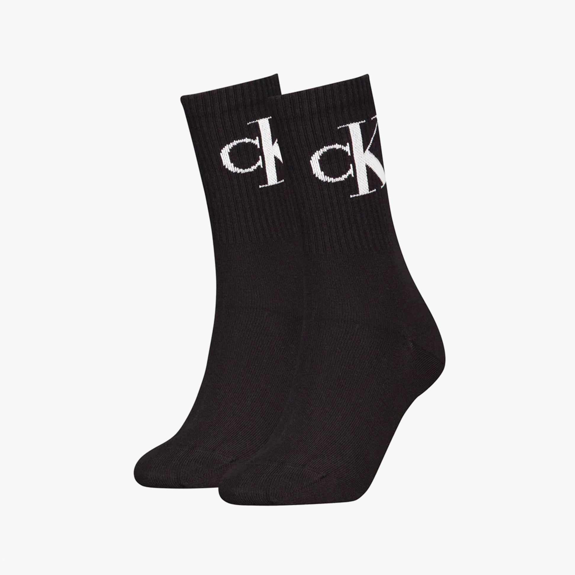 Calvin Klein 2 Pack Logo Trainer Womens Crew Socks Black, front view showcasing socks with CK logo in white.