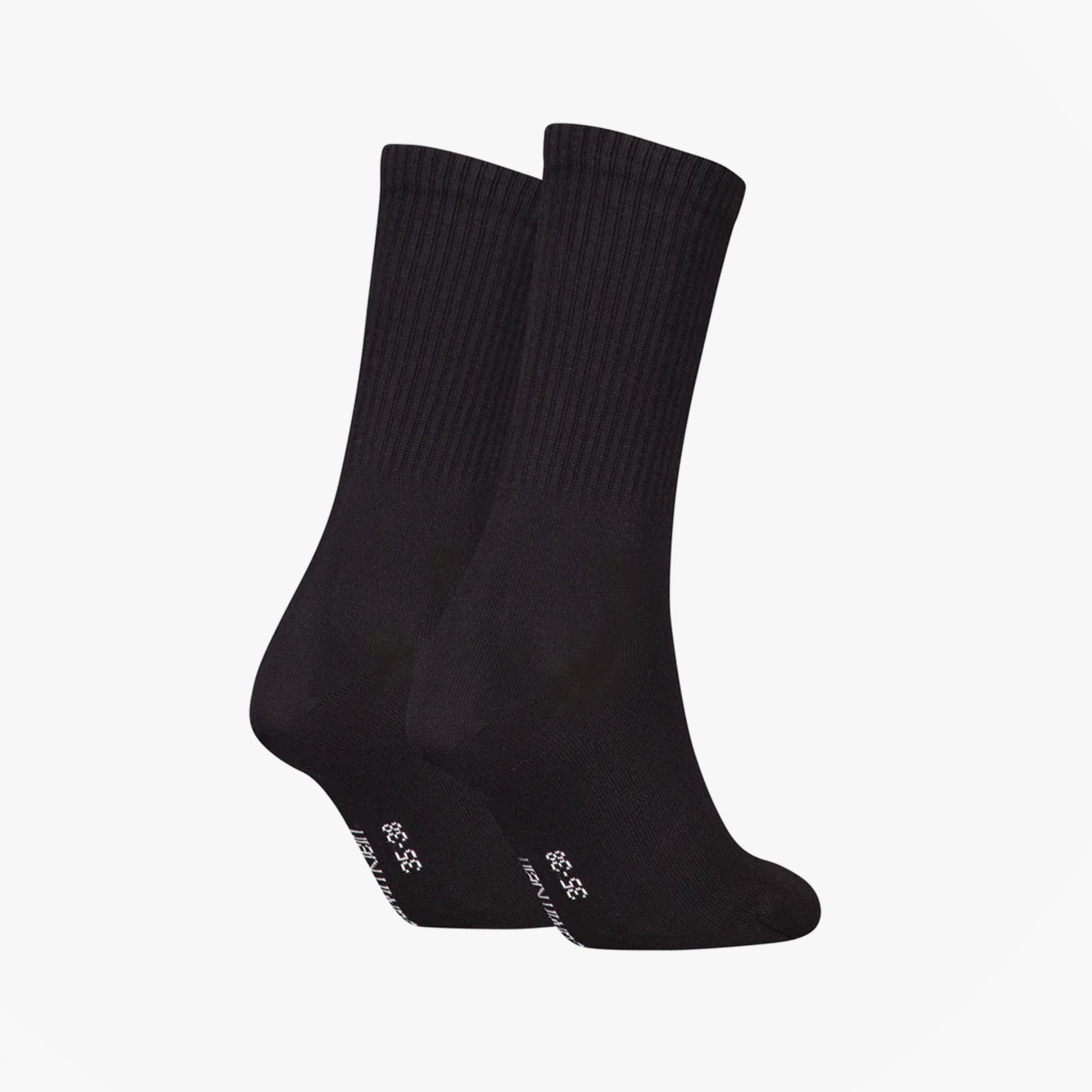 Calvin Klein 2 Pack Logo Trainer Womens Crew Socks Black side view displaying two black crew socks.