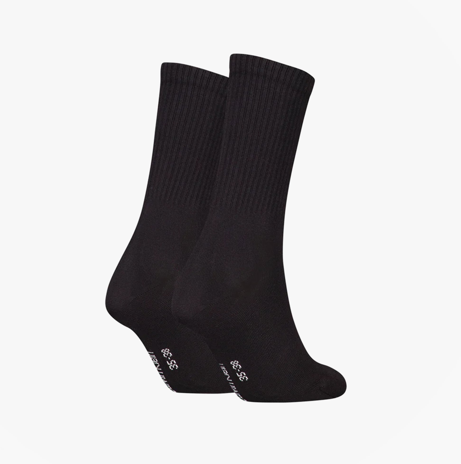 Calvin Klein 2 Pack Logo Trainer Womens Crew Socks Black side view displaying two black crew socks.