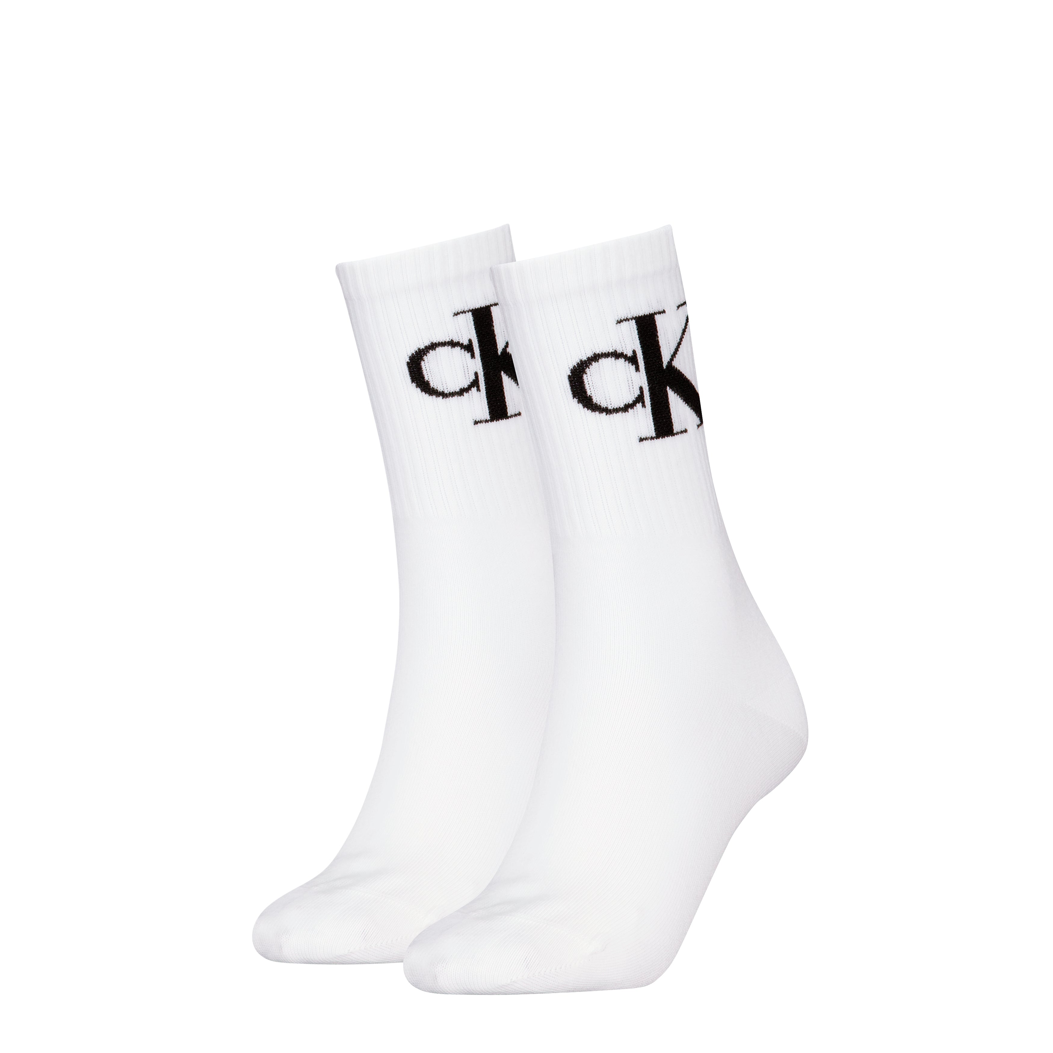 Calvin Klein 2 Pack Logo Trainer Womens Crew Socks White front view showcasing logo design.