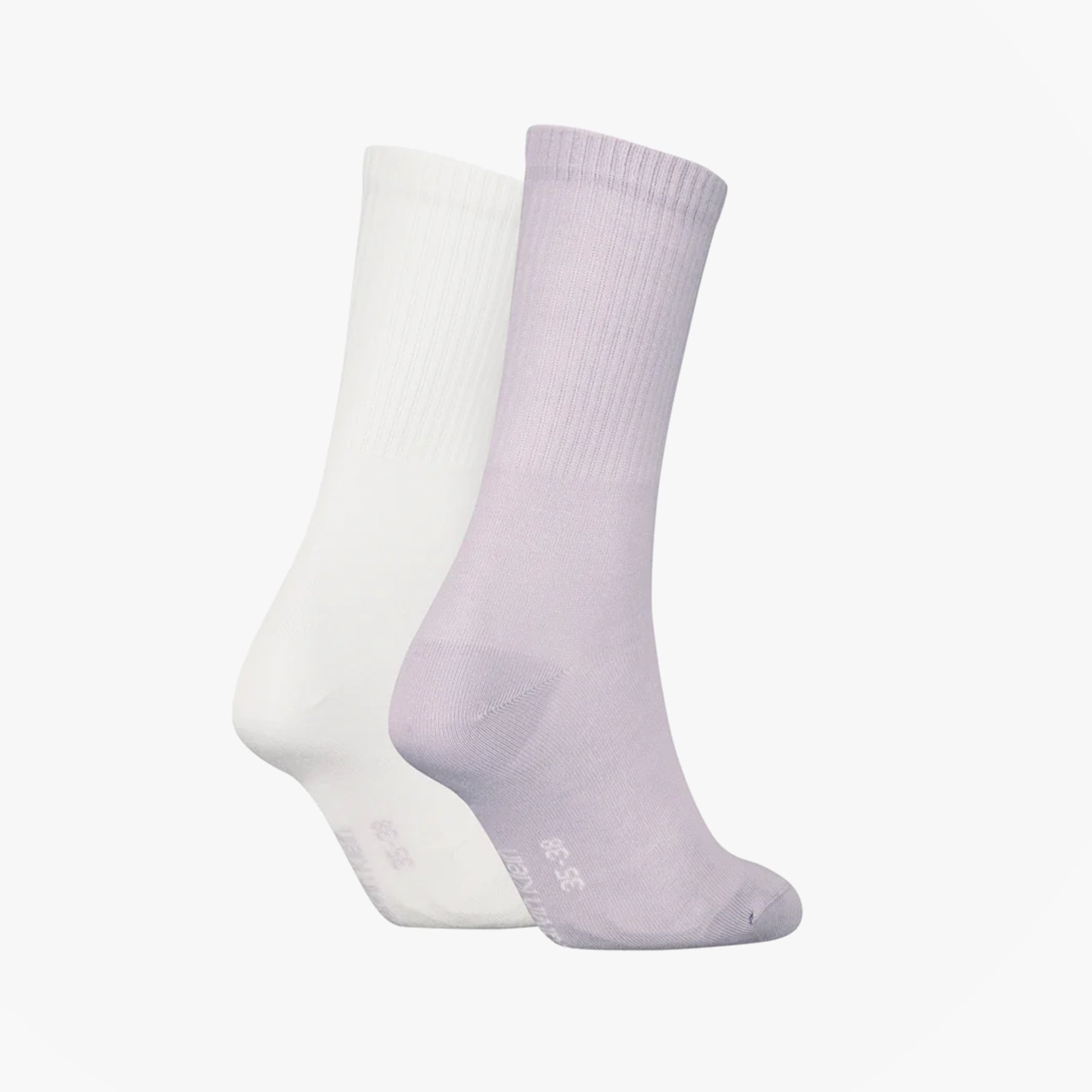 Calvin Klein 2 Pack Logo Trainer Womens Crew Socks Lilac side view showcasing lavender and white color options.