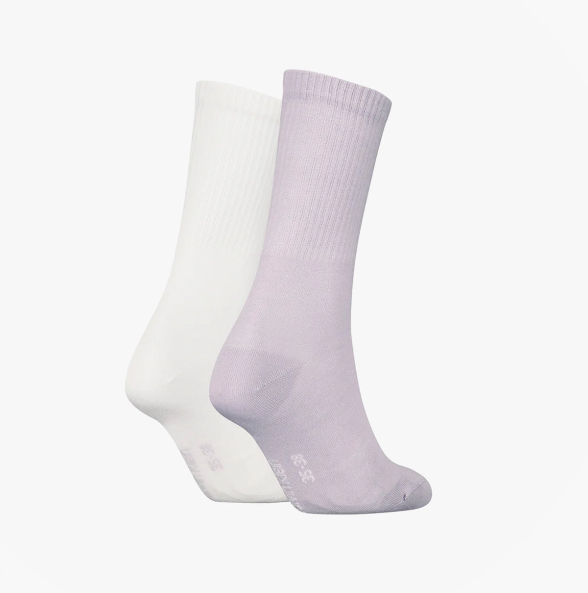 Calvin Klein 2 Pack Logo Trainer Womens Crew Socks Lilac side view showcasing lavender and white color options.