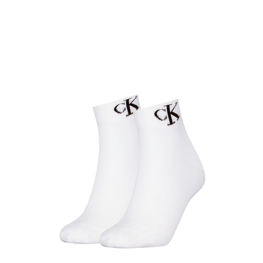 Calvin Klein 2 Pack Logo Trainer Womens Ankle Socks White front view showing two pairs with CK logo on cuff.