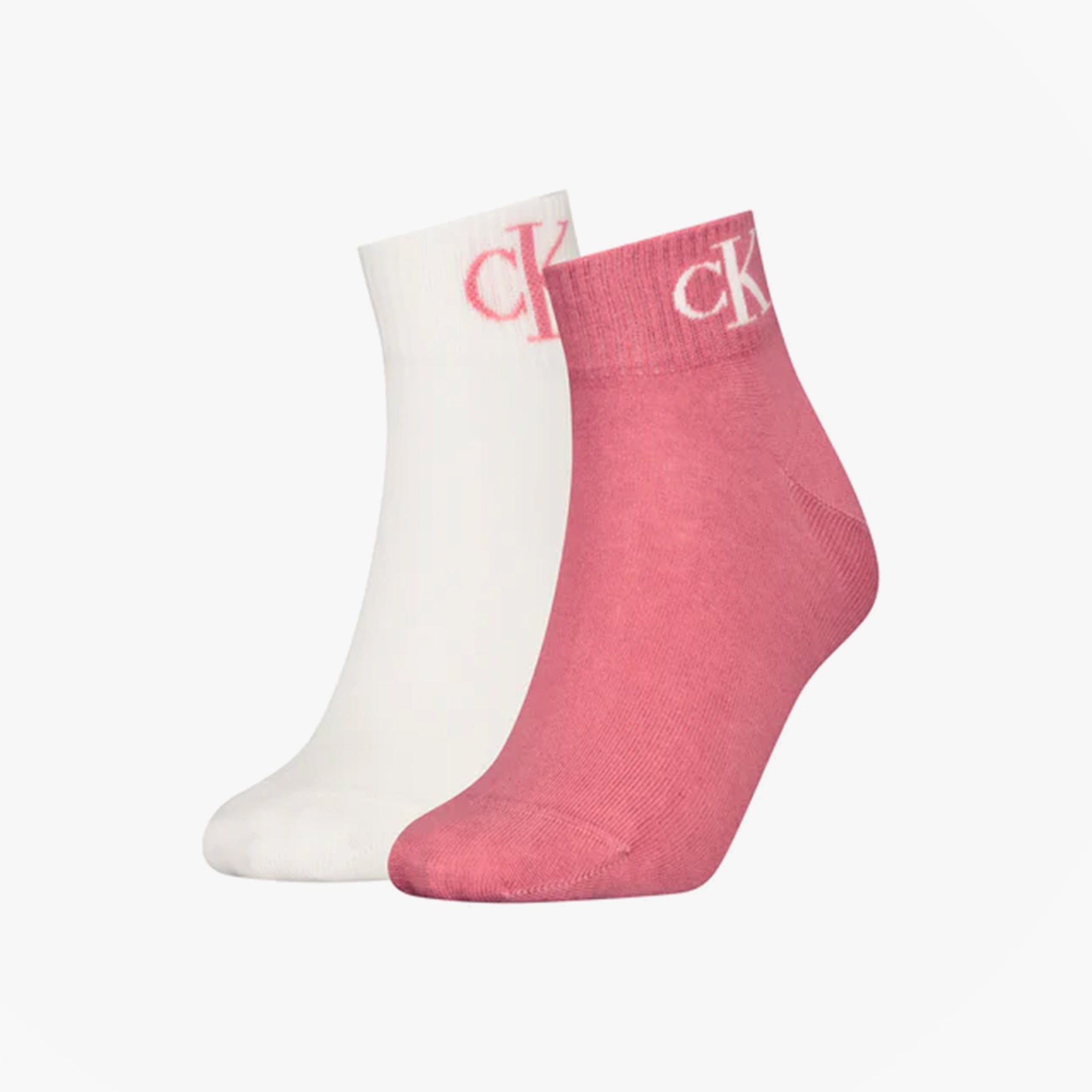 Calvin Klein 2 Pack Logo Trainer Womens Ankle Socks Pink side view showing pink and white socks with logo.