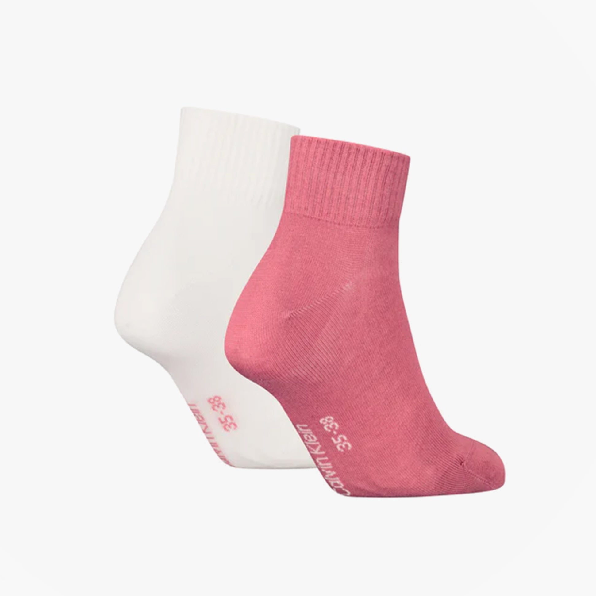 Calvin Klein 2 Pack Logo Trainer Womens Ankle Socks Pink side view showing pink and white socks.