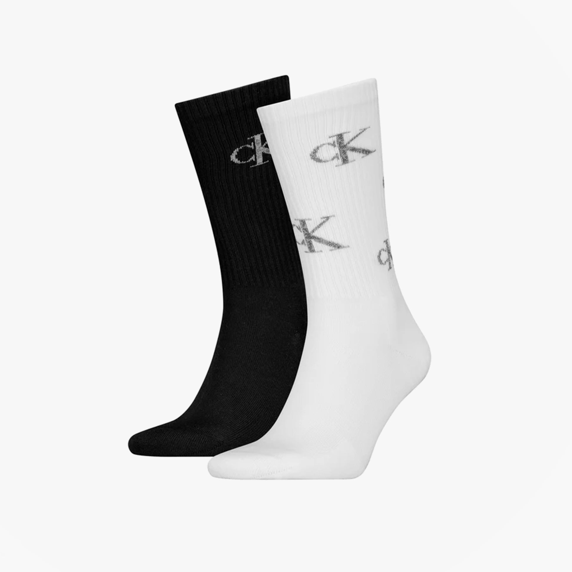 Calvin Klein 2 Pack Logo Trainer Mens Crew Socks White/Black side view featuring white and black color options.