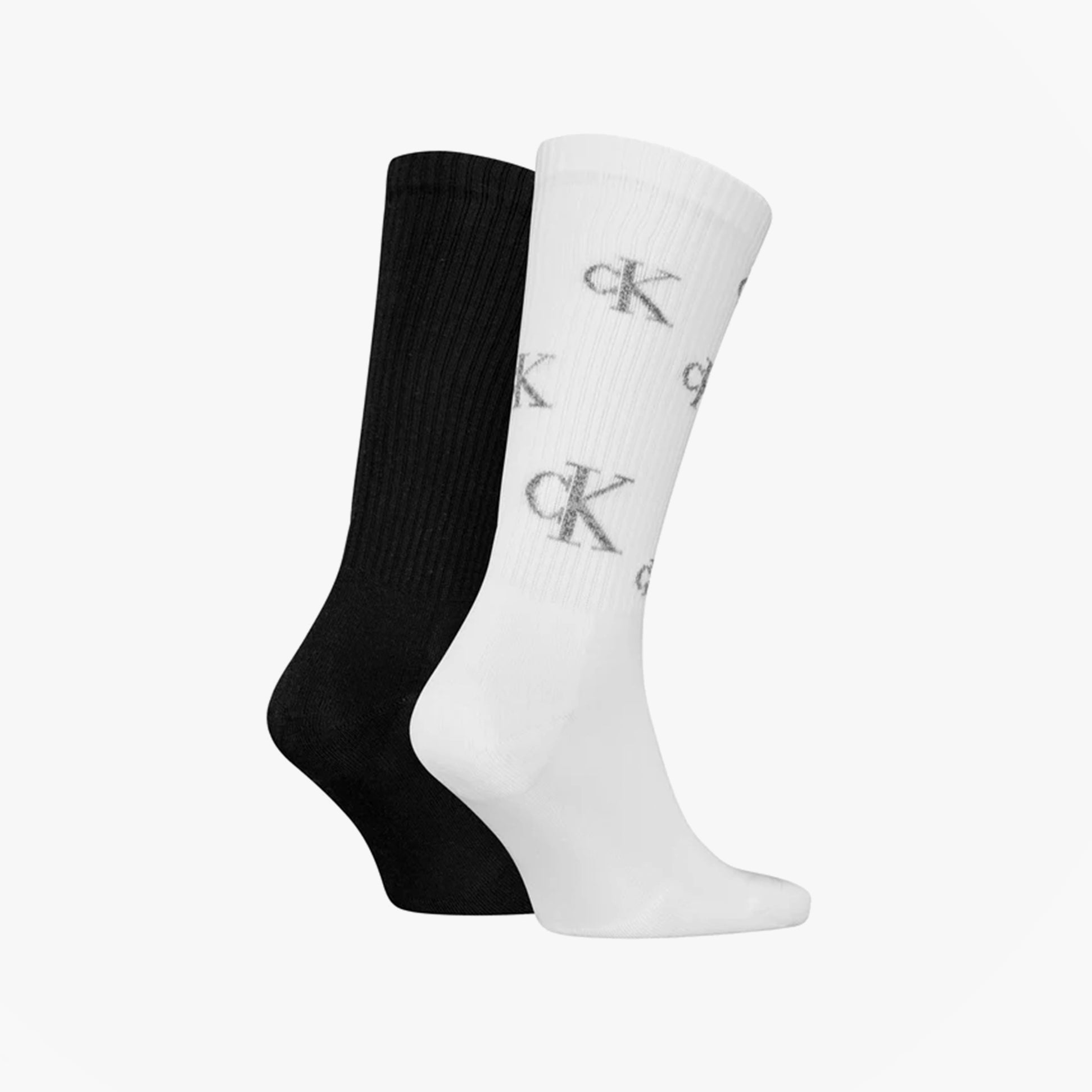 Calvin Klein 2 Pack Logo Trainer Mens Crew Socks White/Black side view showcasing cotton material and logo design.