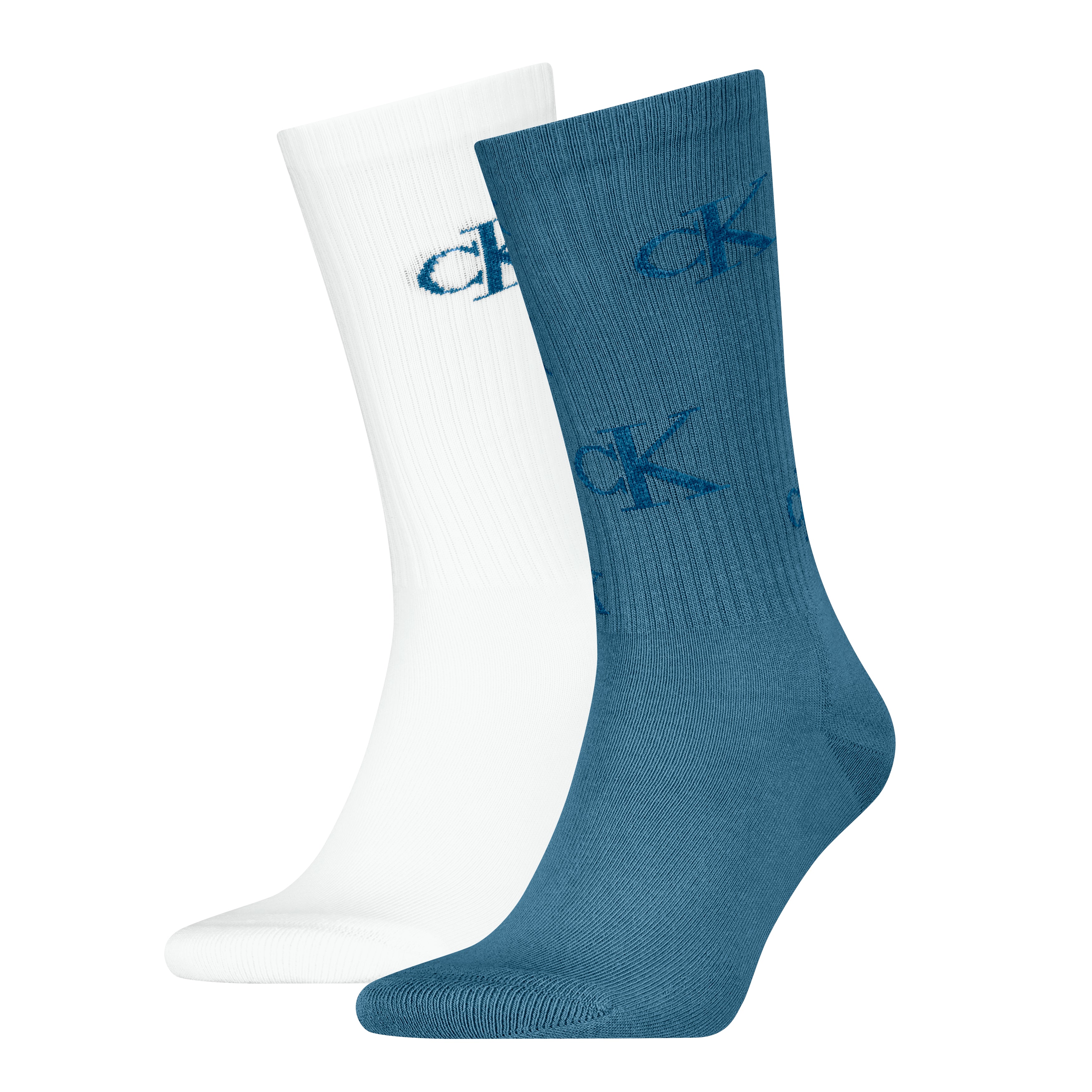 Calvin Klein 2 Pack Logo Trainer Mens Crew Socks Blue/White side view showing a blue and a white sock with logo.